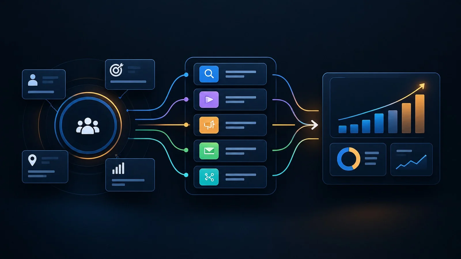 Audience segments flowing through multiple marketing channels into measurable growth outcomes.