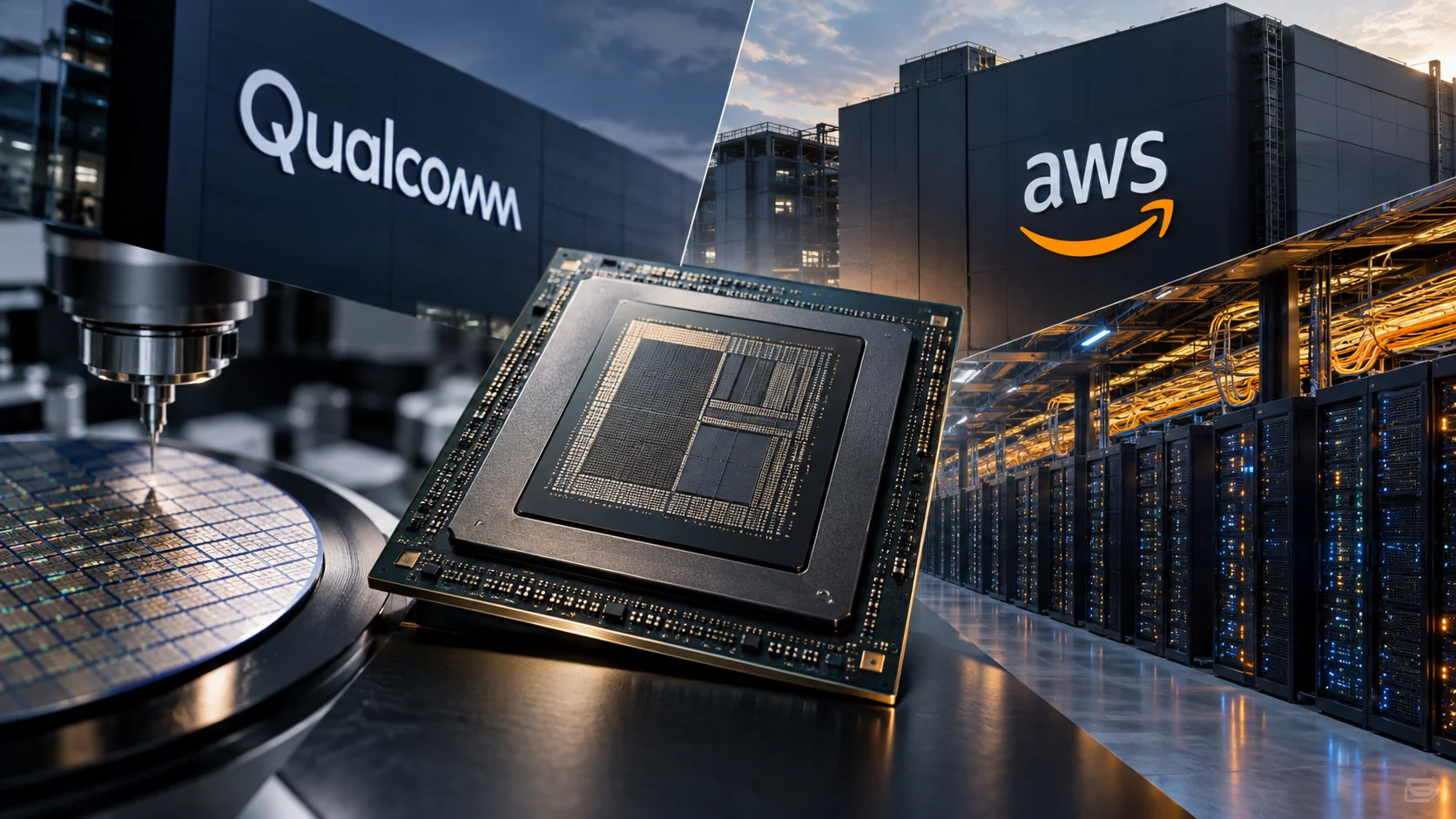 Editorial montage with a highlighted chip in the center, wafer and manufacturing equipment next to the Qualcomm logo on the left, and data center servers under the AWS logo on the right.