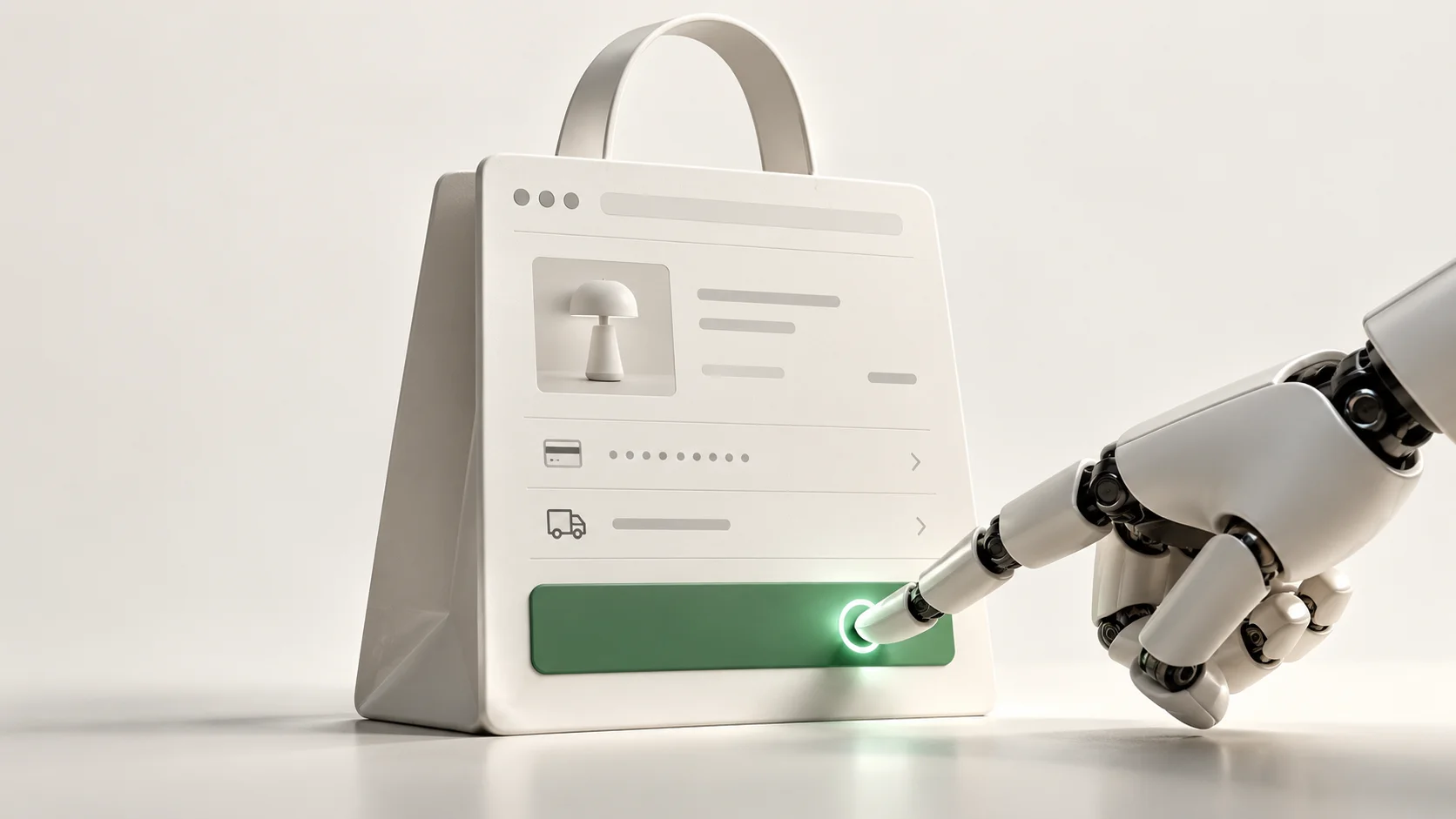 Robotic hand confirms purchase in an online checkout interface.