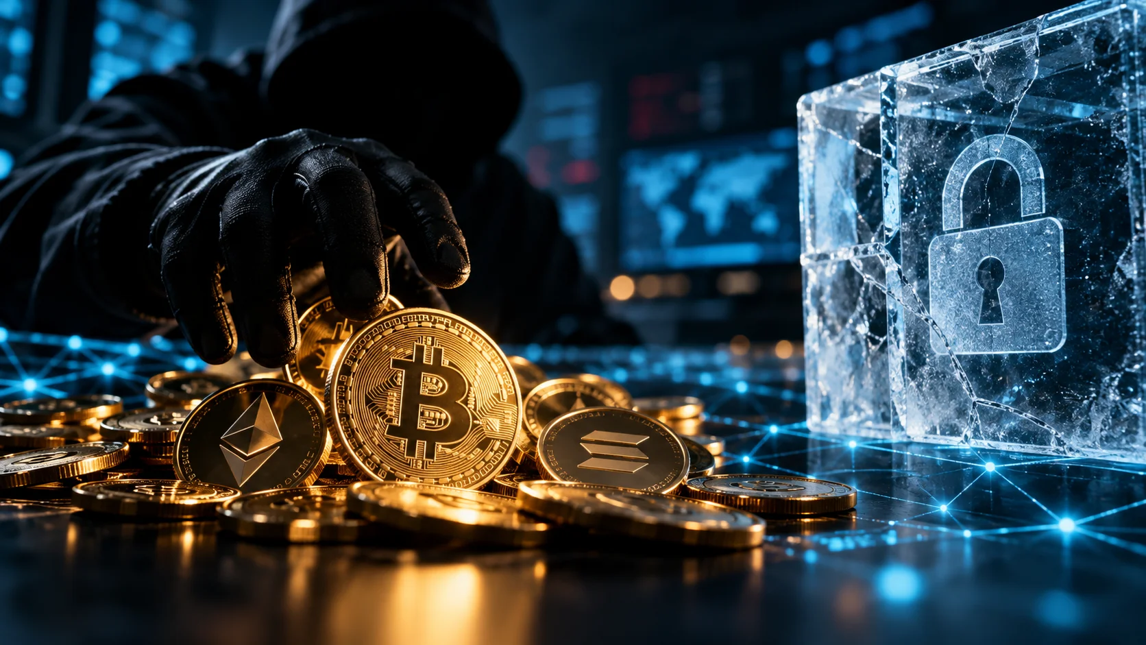 Hacker manipula criptomoedas diante de um cadeado de gelo rachado, simbolizando as limitações no bloqueio de fundos roubados.