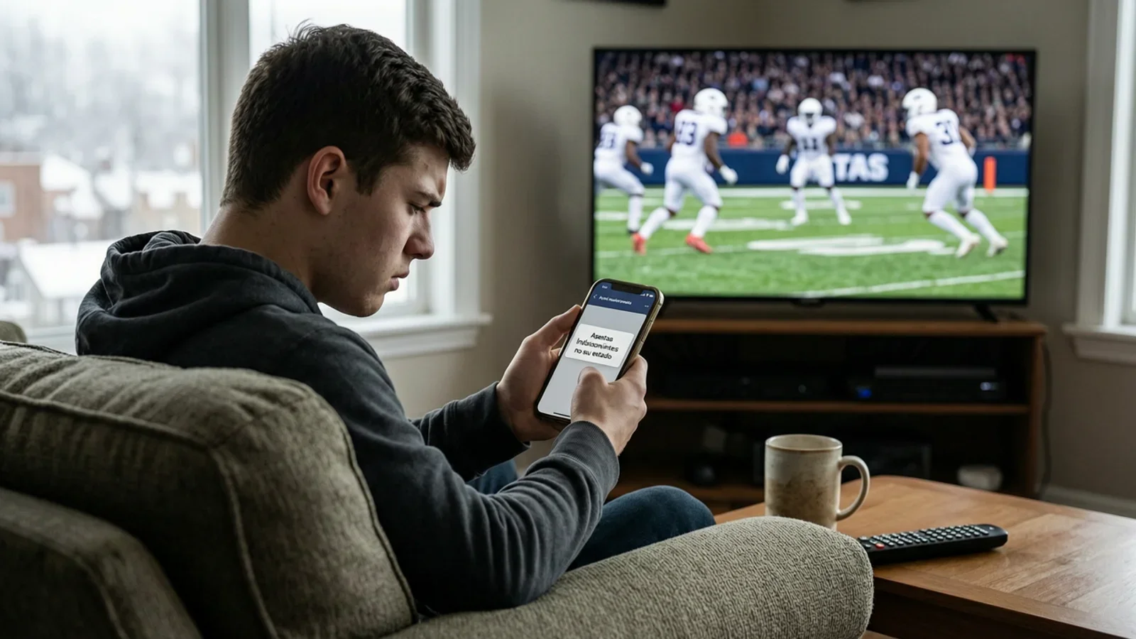 Young person sitting on sofa holds smartphone with frustrated expression, screen shows notice that betting is unavailable in the state; in background, TV displays American football game.