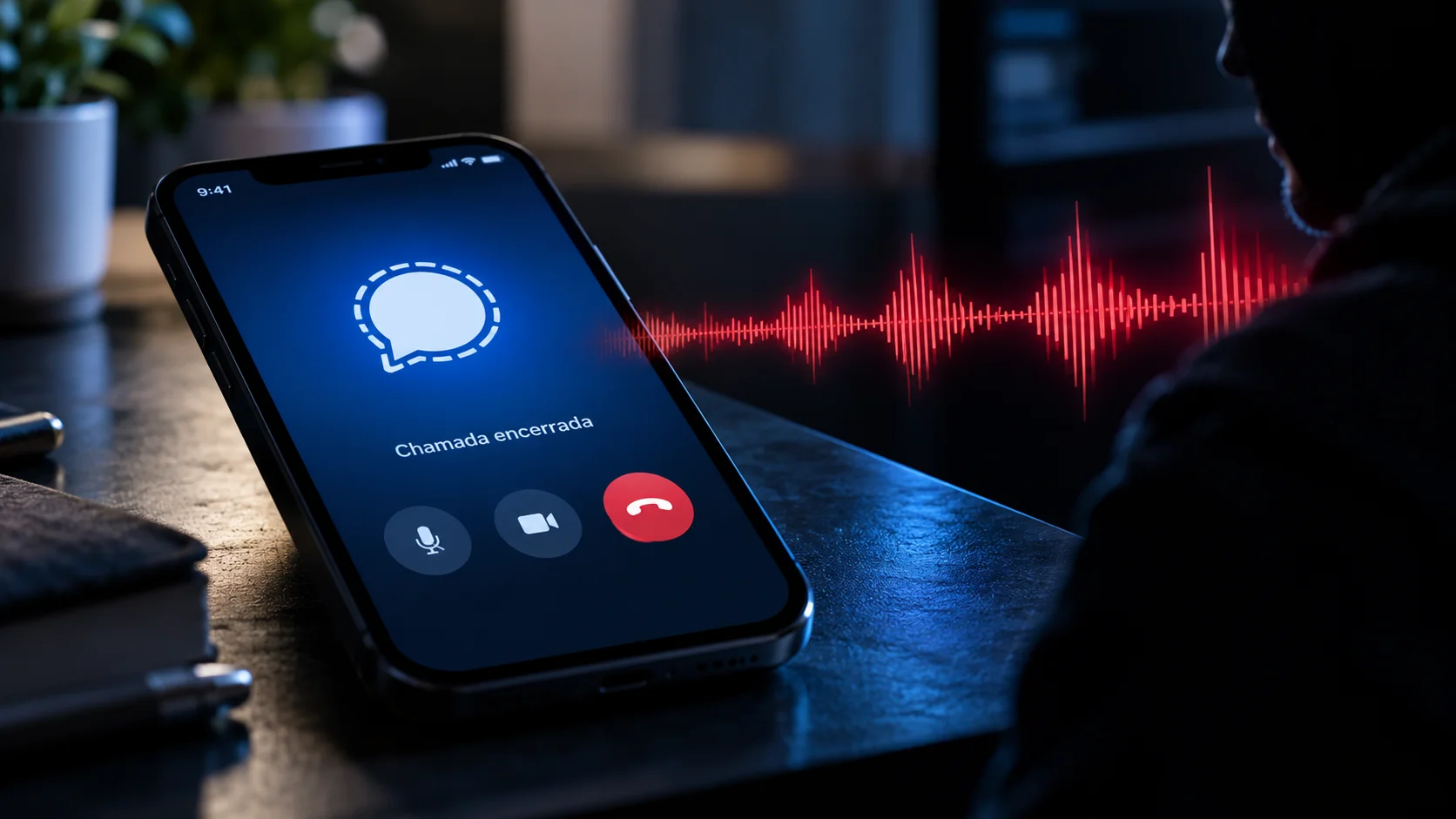 Smartphone with Signal showing an ended call, while an audio wave represents the possible continuation of the transmission.
