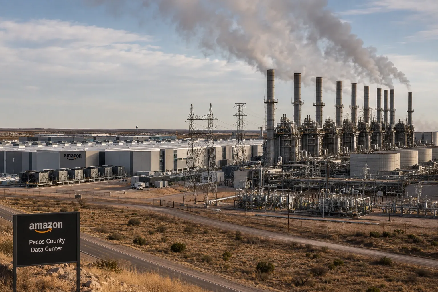 Amazon data center next to a gas plant in West Texas, with turbines and emissions over the industrial complex.