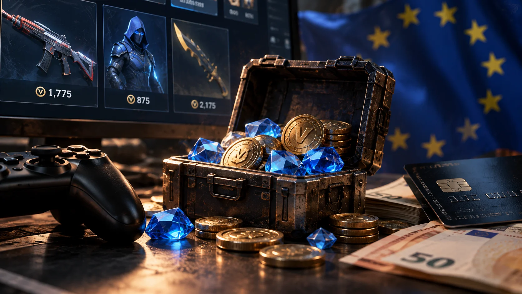 Video game controller next to virtual currencies, euros and items sold in a digital store.