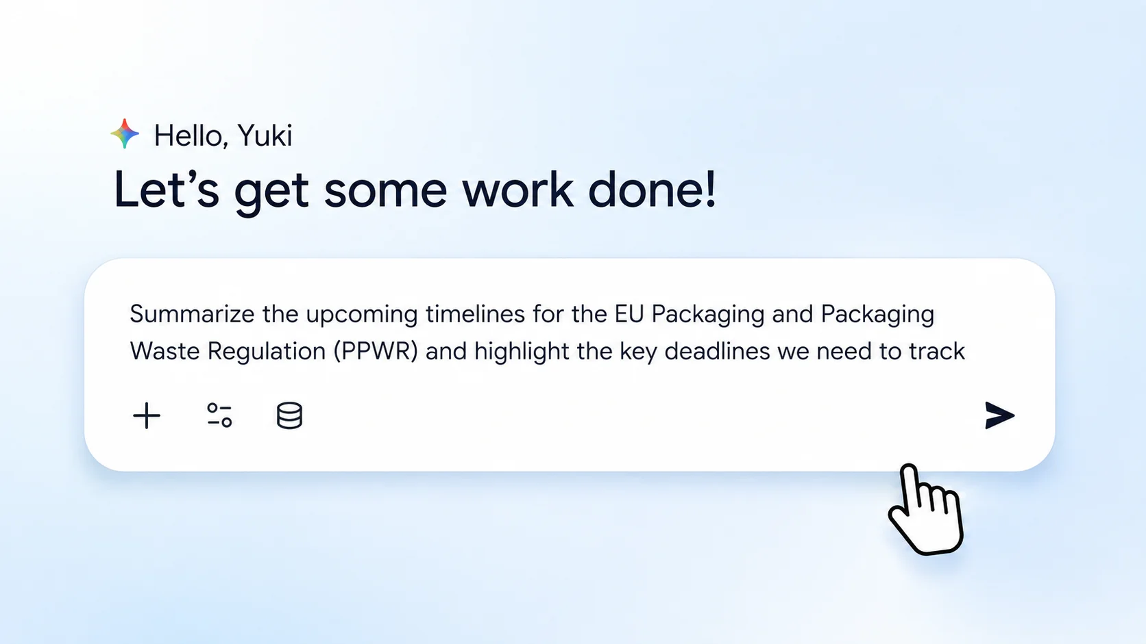 Gemini Enterprise interface on a light-blue background, with a command field to summarize deadlines of the European packaging regulation and a cursor near the send button.