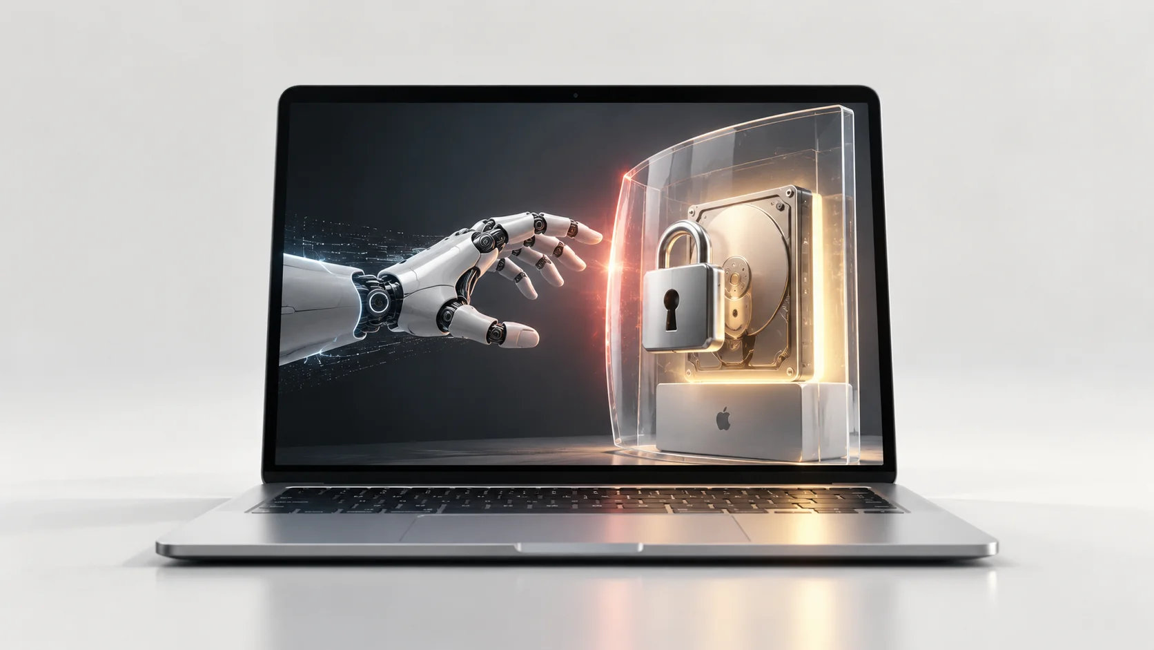 Robotic hand tries to access a protected disk on a Mac.
