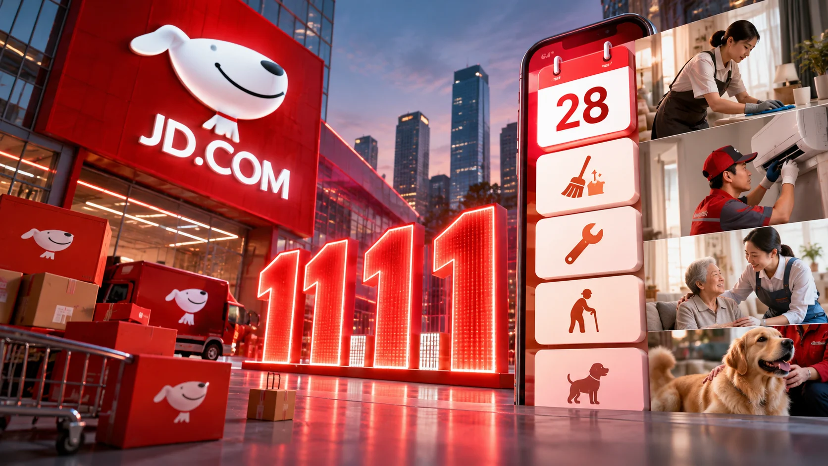 Editorial illustration for JD.com with the 11.11 festival and cleaning, maintenance and personal care services.