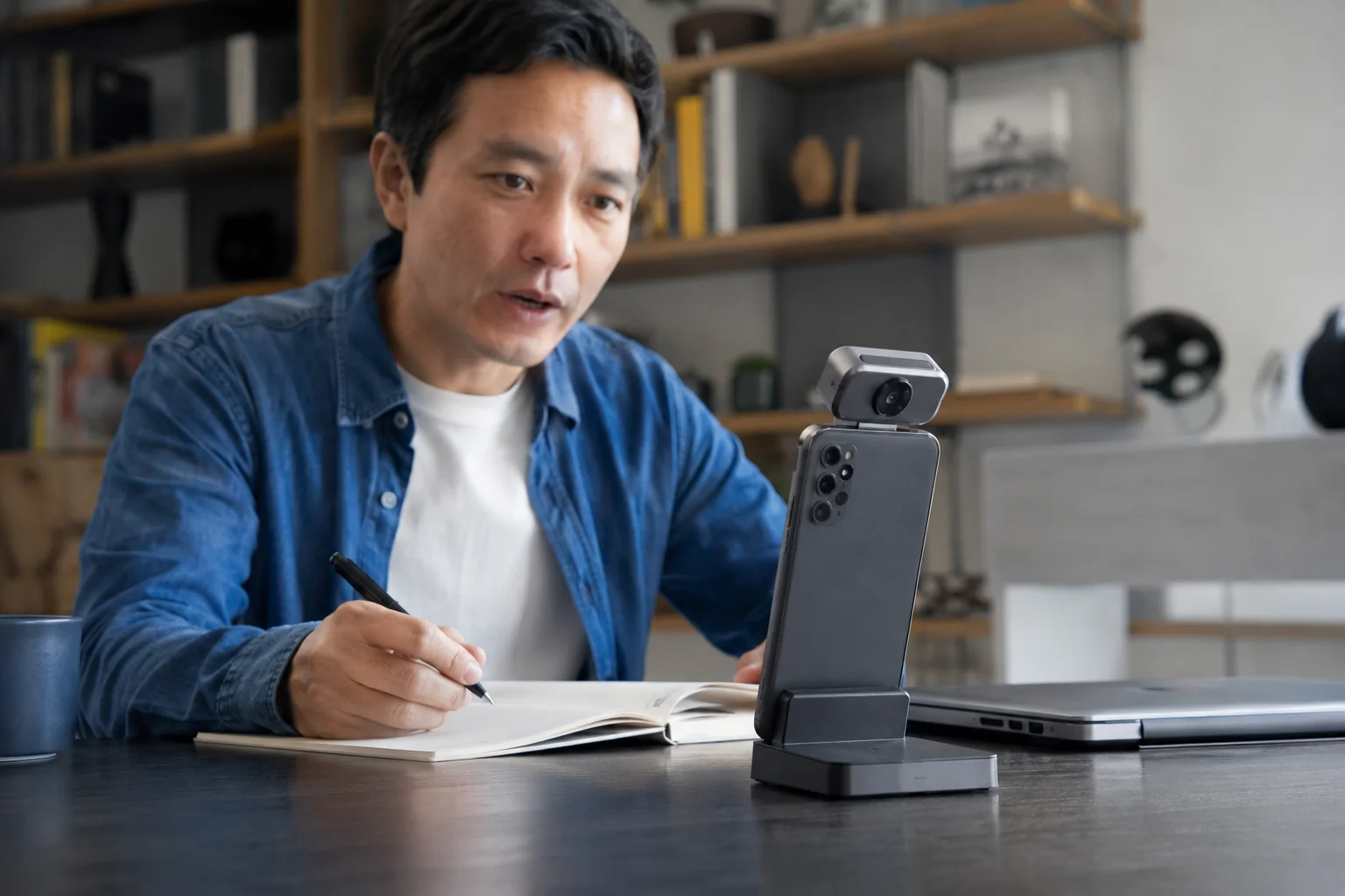 A person uses the Robot Phone in a contemporary indoor setting, with the smartphone resting on the table and its articulating camera facing the user while they take notes next to a laptop.