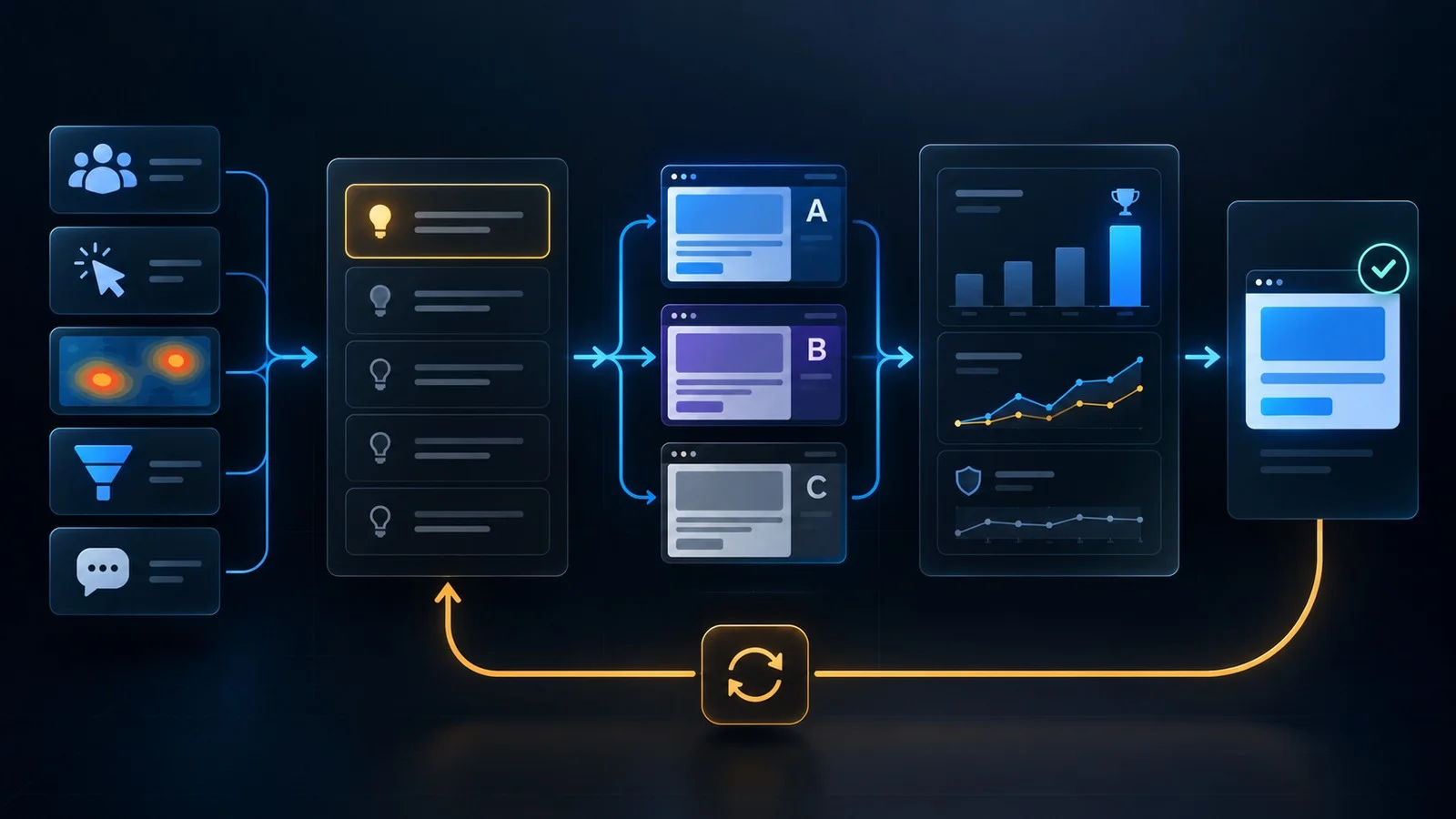 Behavioral evidence becoming hypotheses, randomized variants, metric analysis and a controlled rollout with a feedback loop.