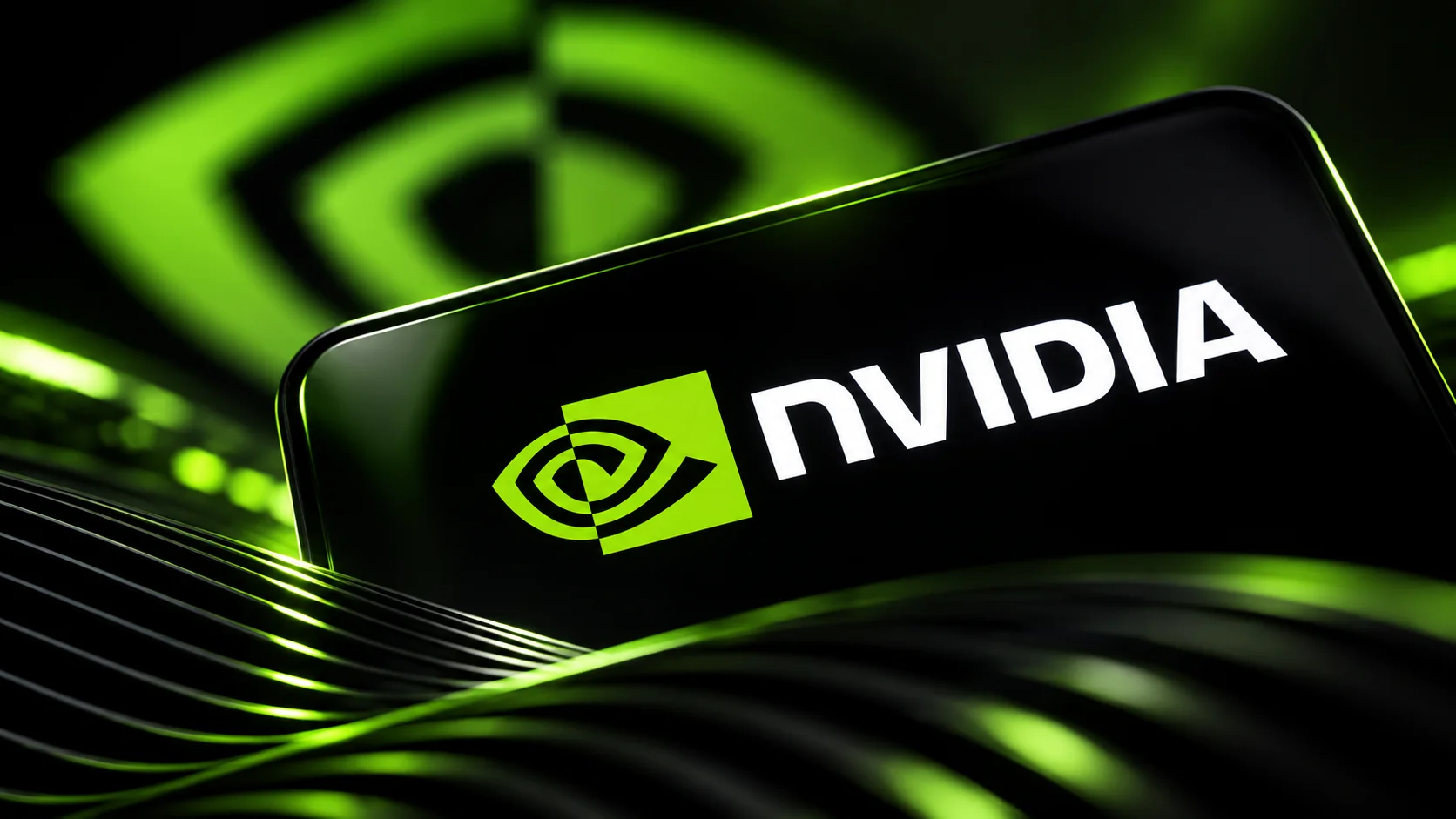 Nvidia logo highlighted on a glossy black surface, with green lights and a blurred background in a futuristic aesthetic.