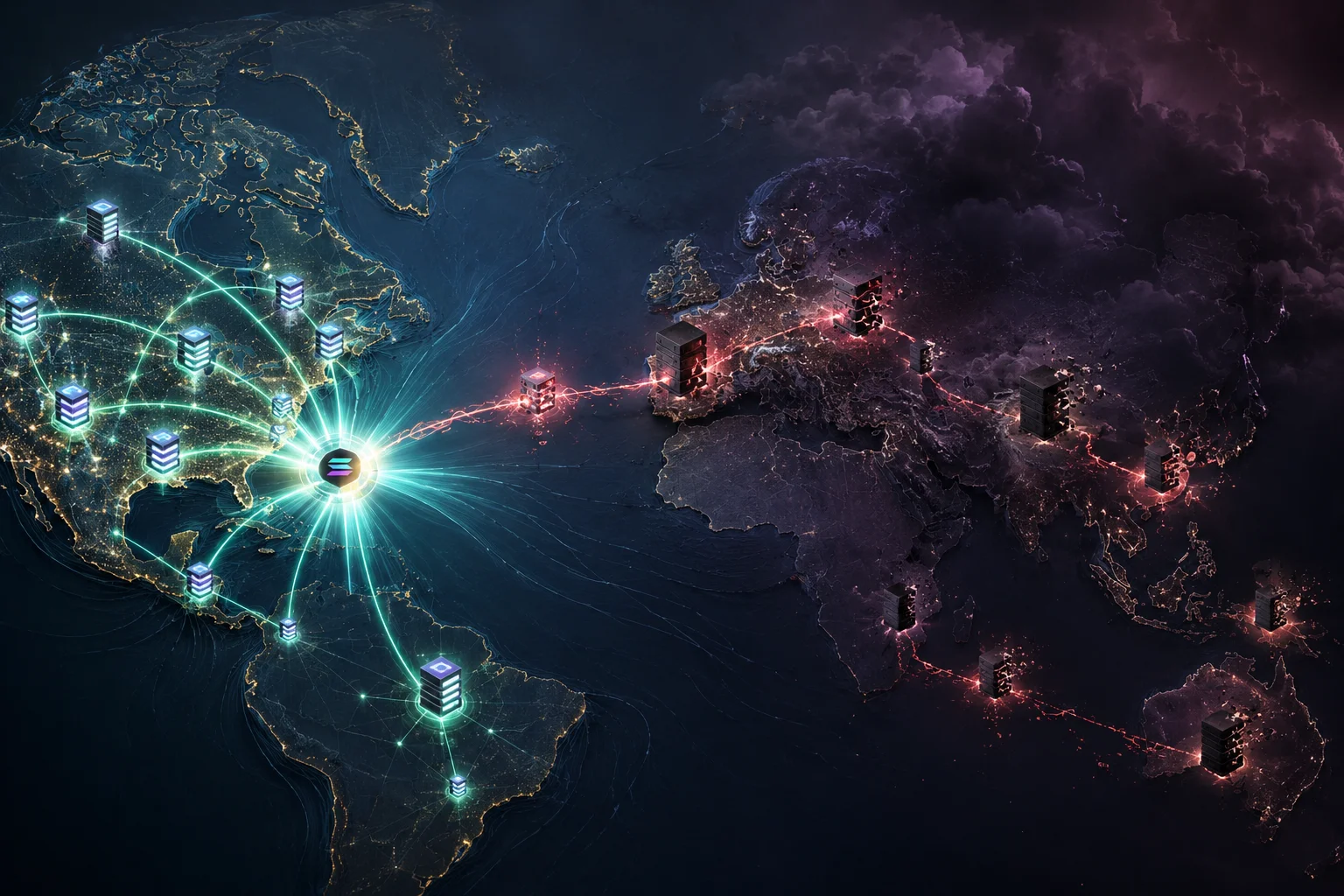 Stylized map shows network connections leaving Miami, with stable nodes in the Americas and servers losing signal in Europe and Asia-Pacific.