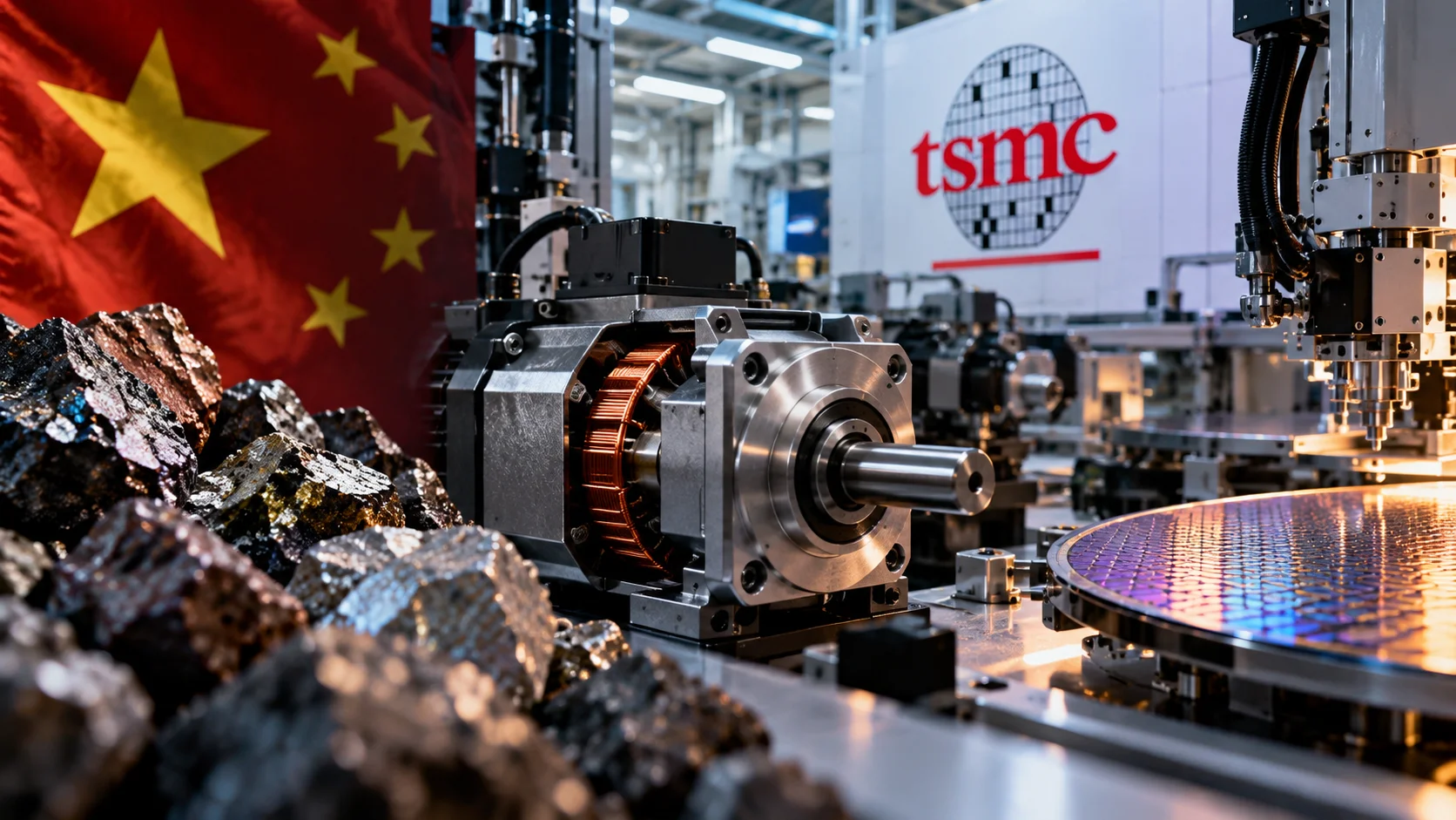 Composición ilustrativa con un motor industrial, minerales de tierras raras, la bandera de China y una fábrica de TSMC.