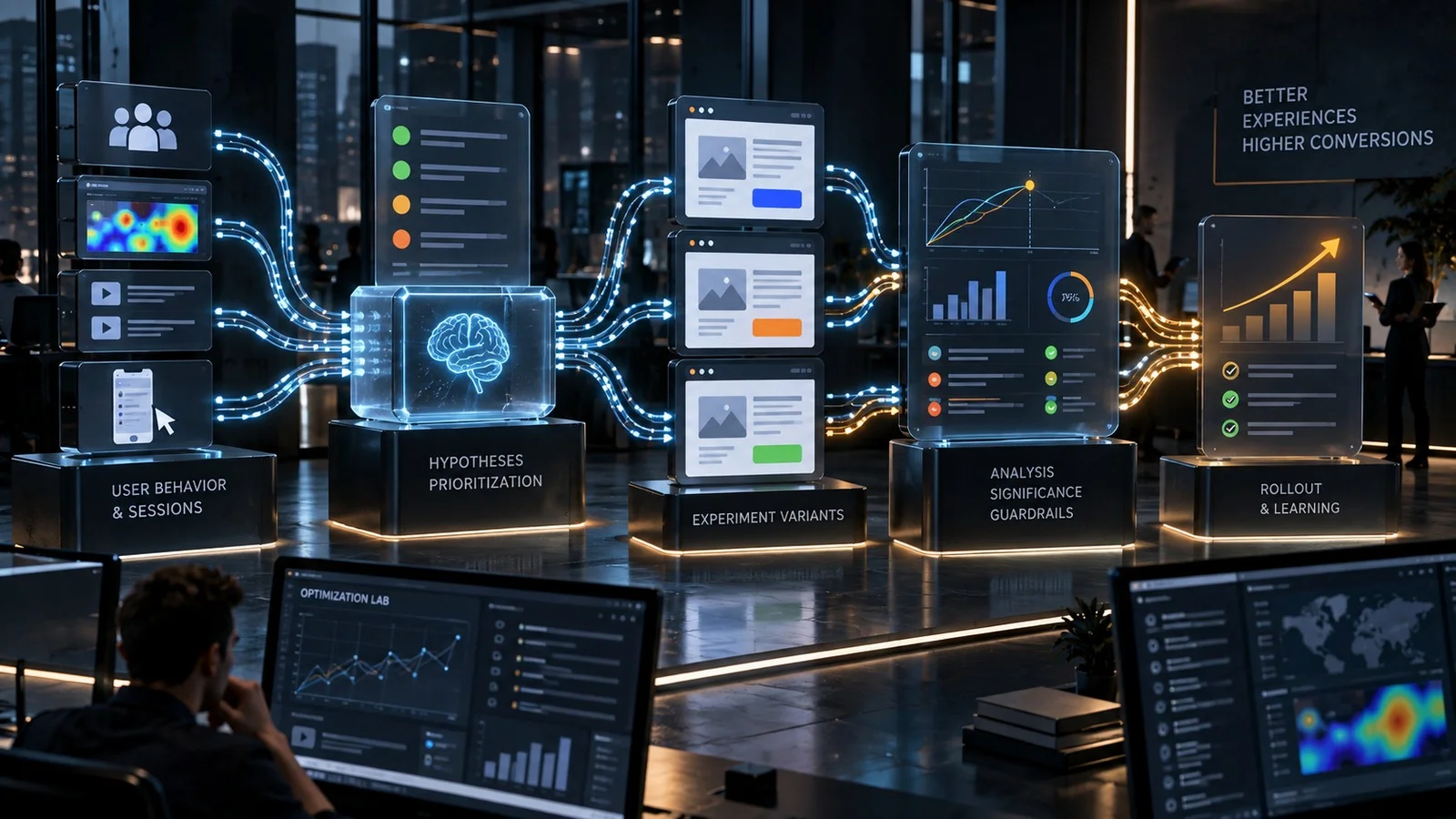 Datos de comportamiento pasando por priorización de hipótesis, variantes de experimento, análisis y rollout controlado.