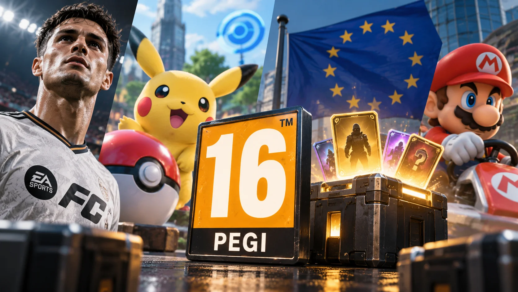 Montagem com Pikachu, Mario, EA Sports FC e símbolo PEGI 16, representando a nova classificação etária de jogos com loot boxes.