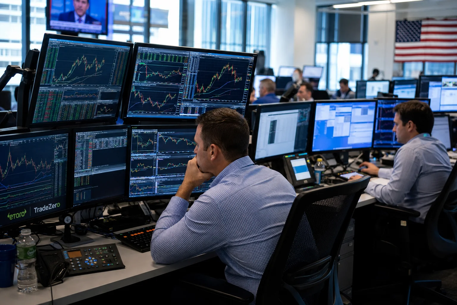 Two traders work in a contemporary trading environment in the United States, surrounded by multiple monitors with market charts, in a scene that symbolizes eToro's expansion in the stock segment through the acquisition of TradeZero.