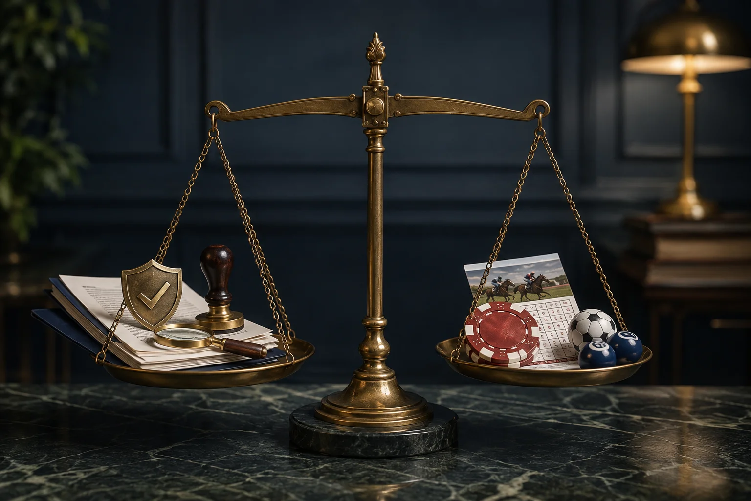 Scale with documents and oversight symbols on one side, and elements of betting, racing and bingo on the other.