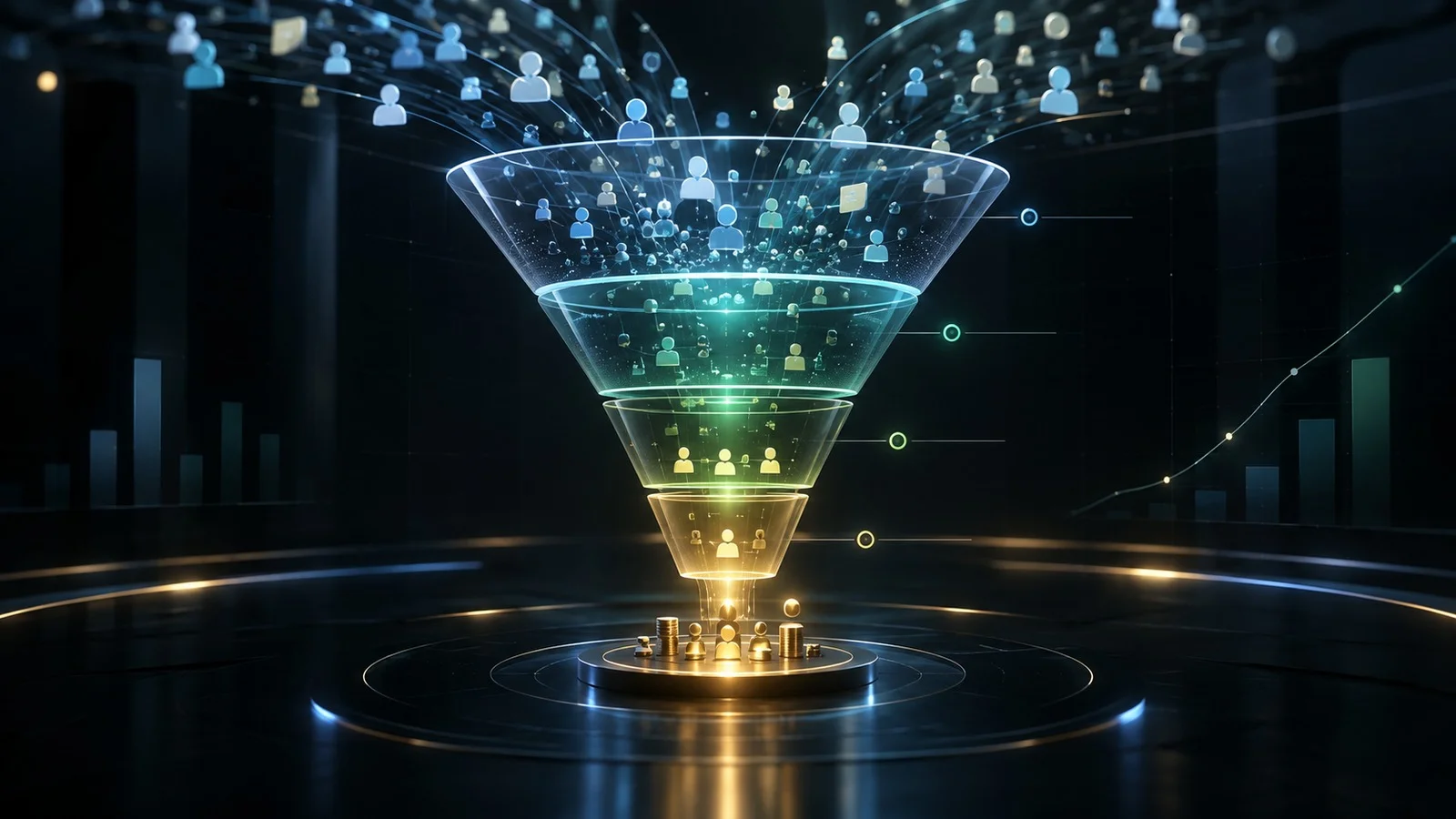 A transparent conversion funnel turning audience attention into customers and revenue.