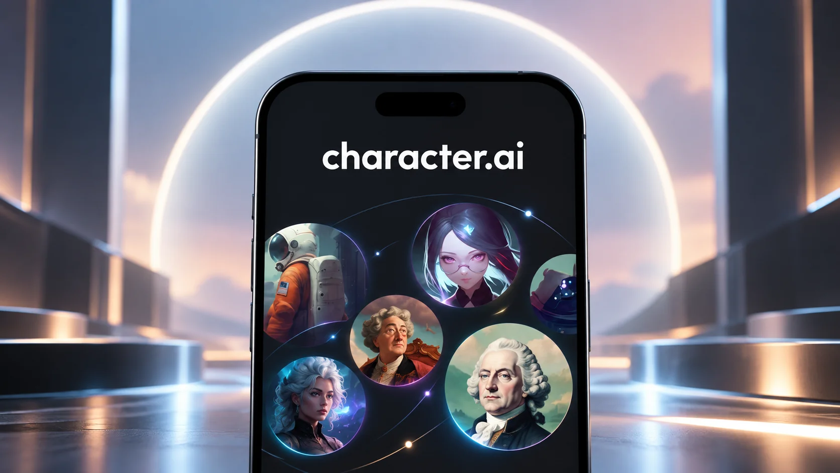 Smartphone exibindo a interface da Character.AI em um ambiente tecnológico futurista.