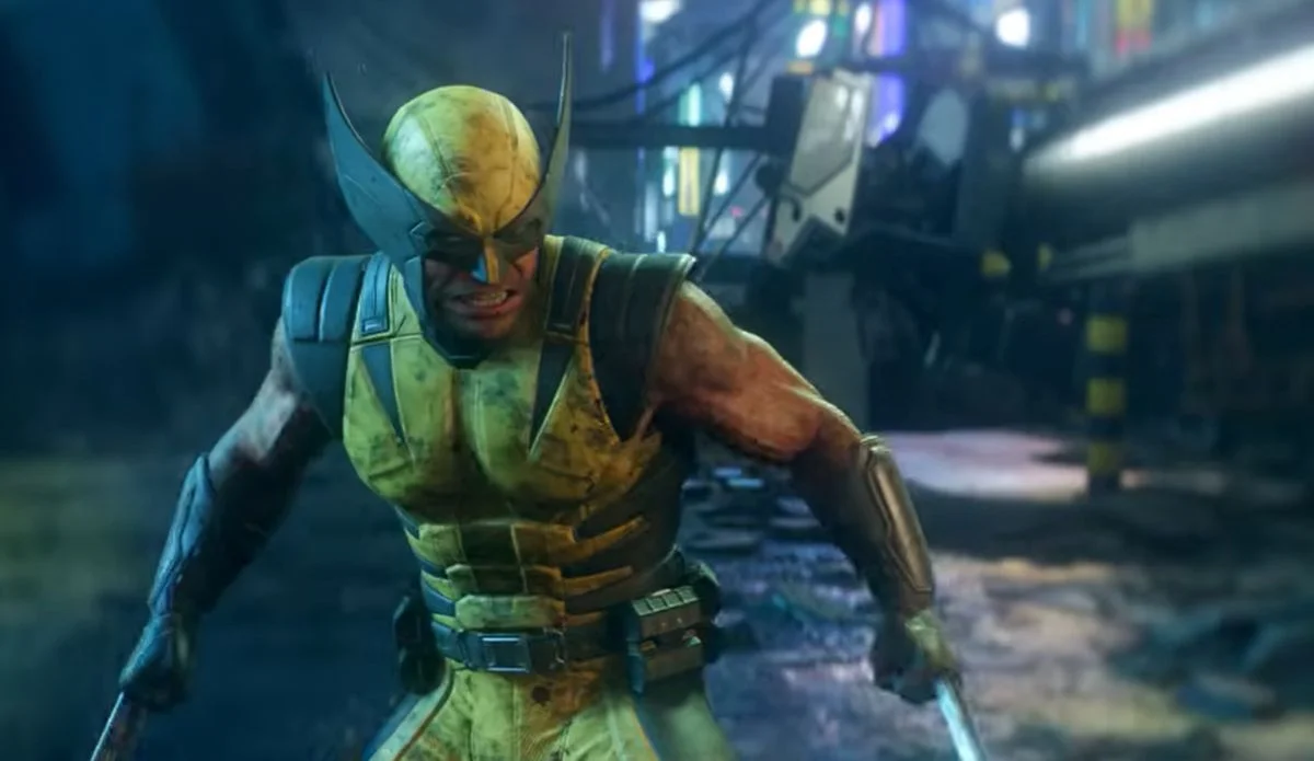 Wolverine in a yellow and black suit with adamantium claws in a combat stance in a dark urban setting with neon lighting.