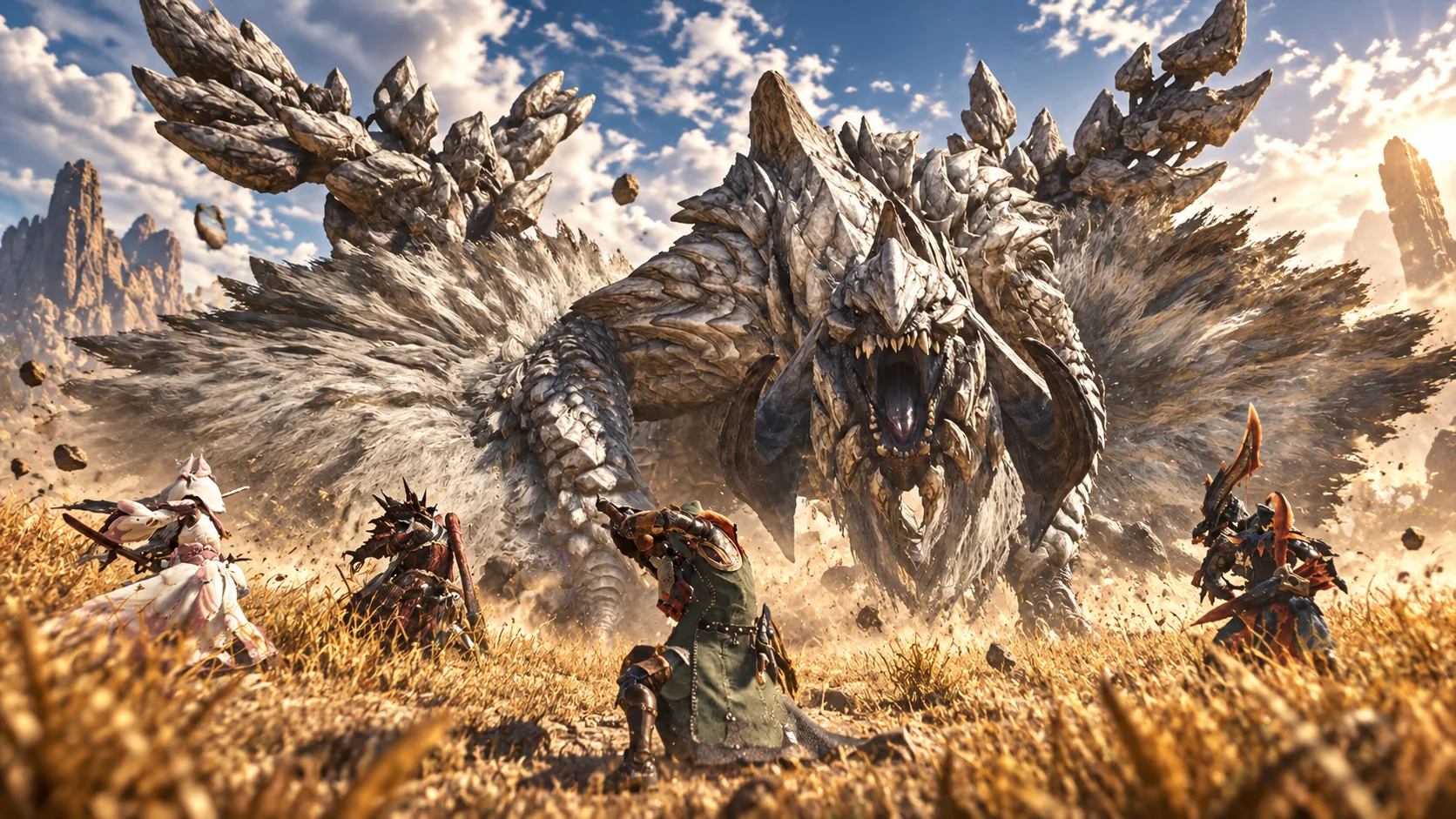 Cazadores se enfrentan a un gran monstruo rocoso en Monster Hunter Wilds.