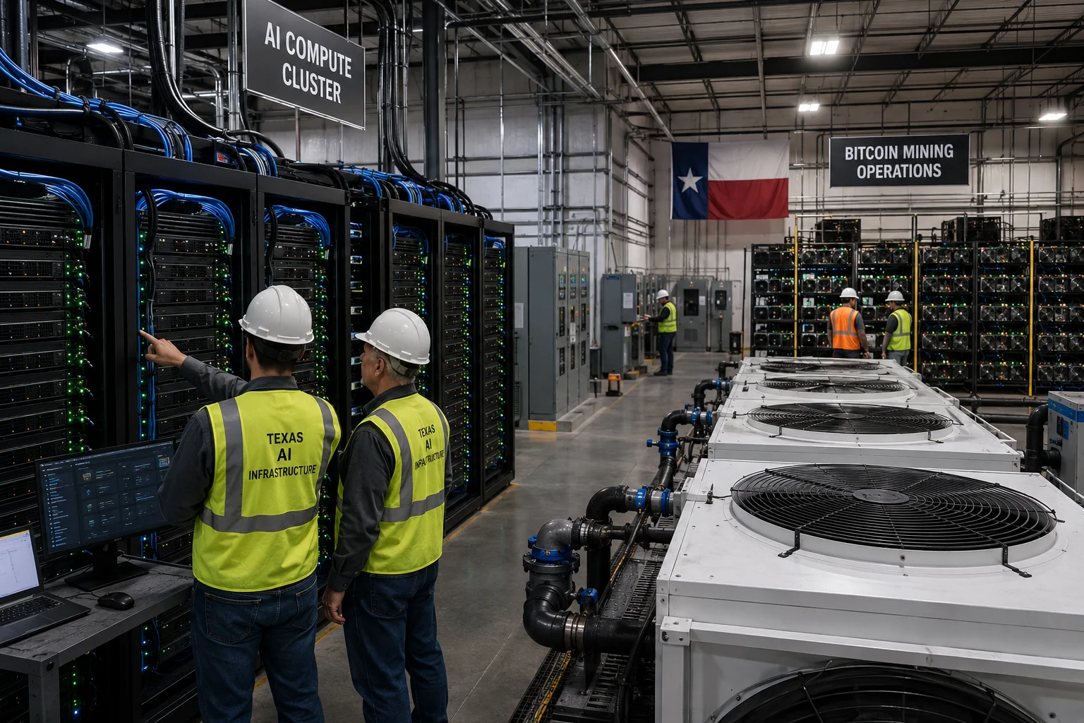 Engineers inspect server racks and cooling systems at a Texas data center that combines AI computing infrastructure and bitcoin mining.