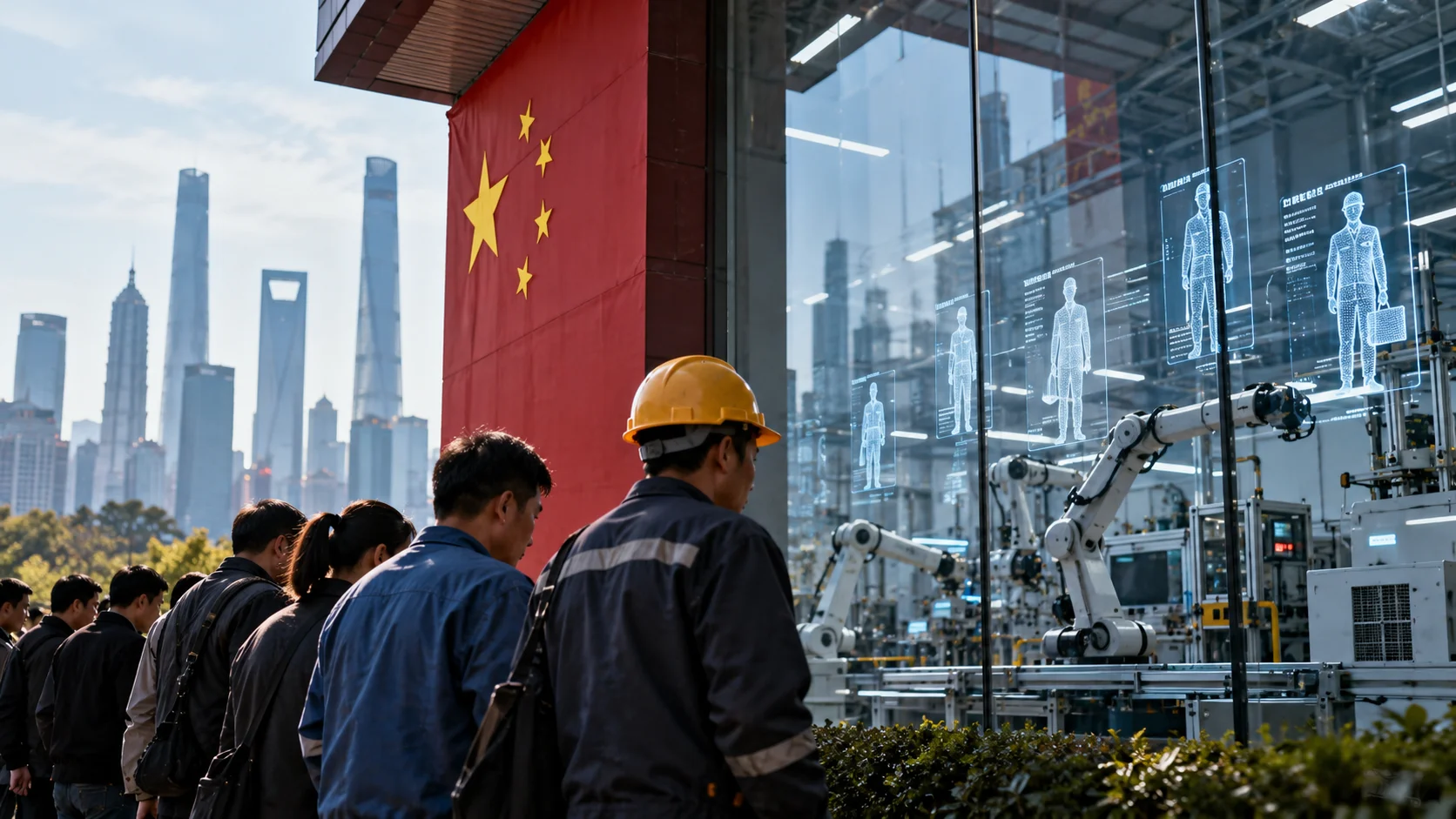 Trabalhadores chineses diante de uma fábrica automatizada com braços robóticos e bandeira da China.