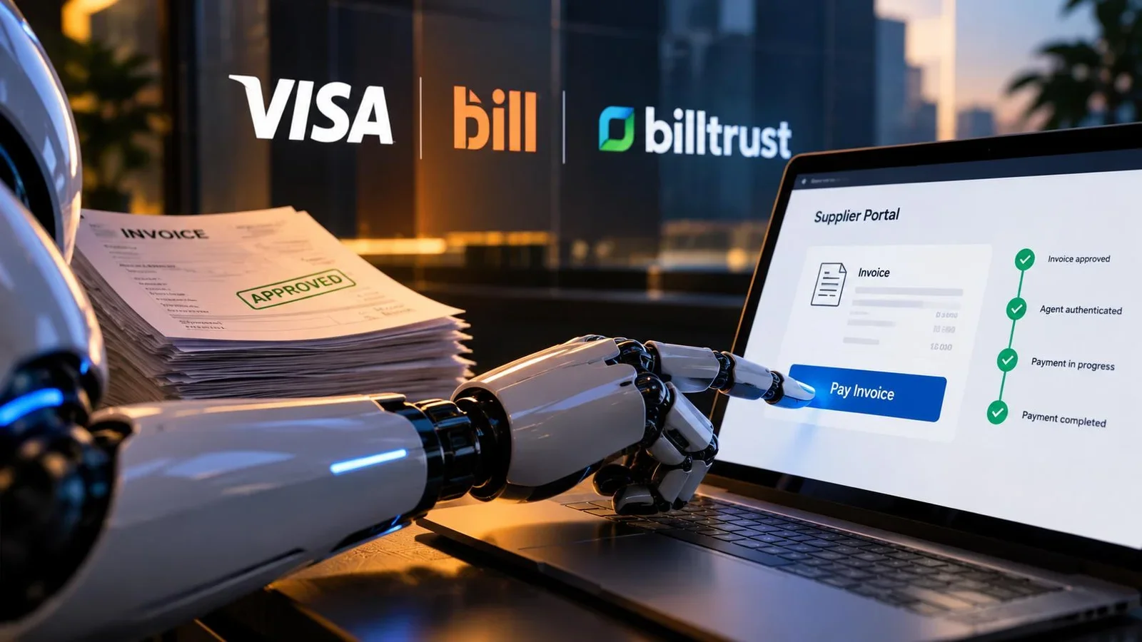 Ilustração de braço robótico executando pagamento de fatura aprovada em um notebook, com as marcas Visa, BILL e Billtrust ao fundo.