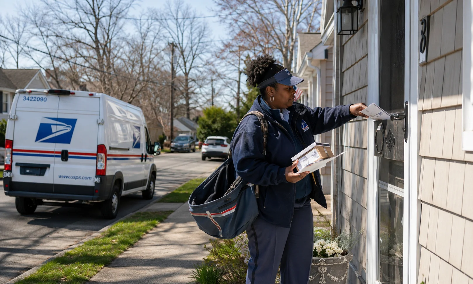 USPS mail carrier delivers letters and small packages to a residence, with a postal service vehicle parked on the street in the background.