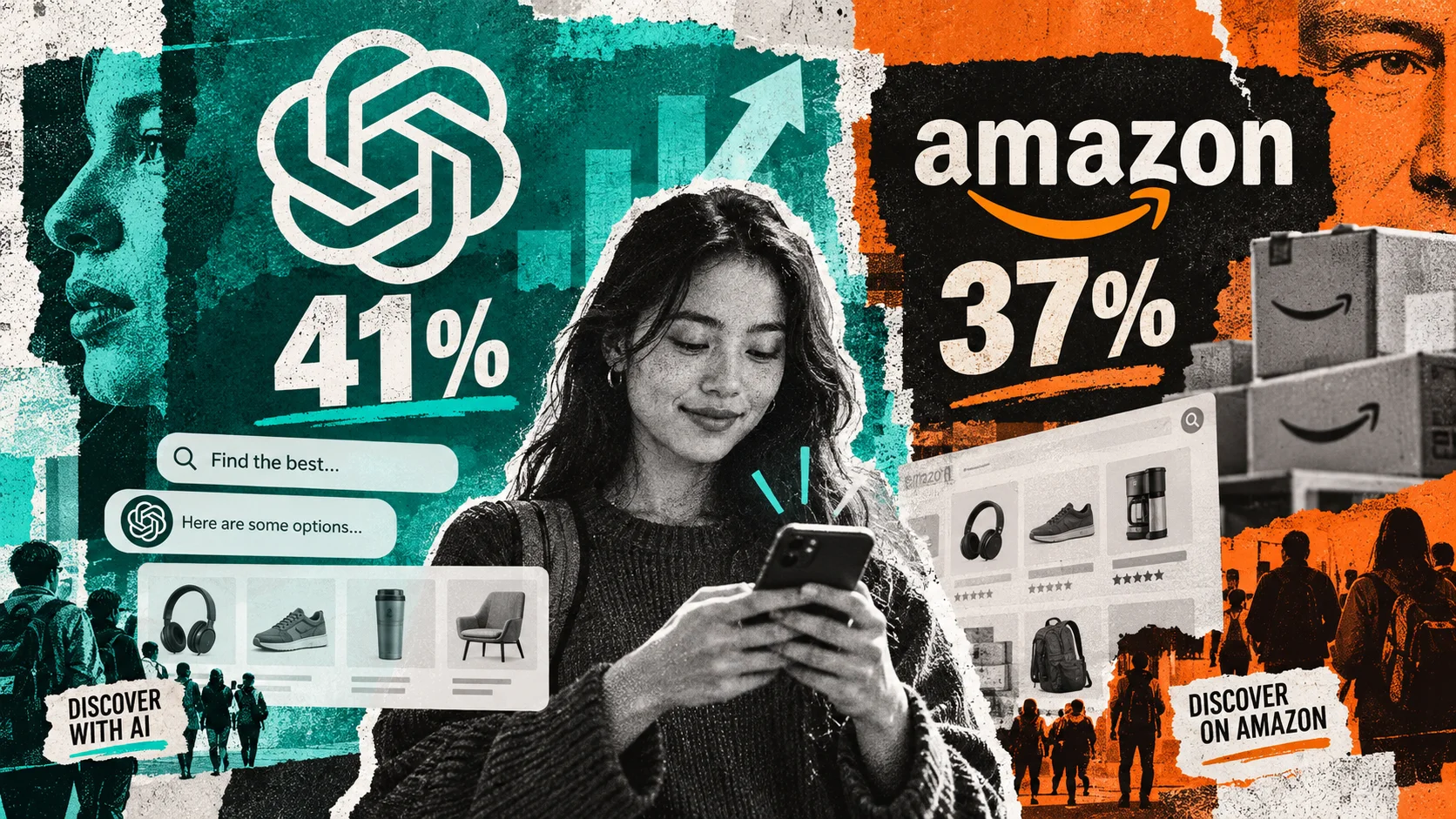Editorial collage compares ChatGPT and Amazon in product discovery, with 41% for ChatGPT and 37% for Amazon.