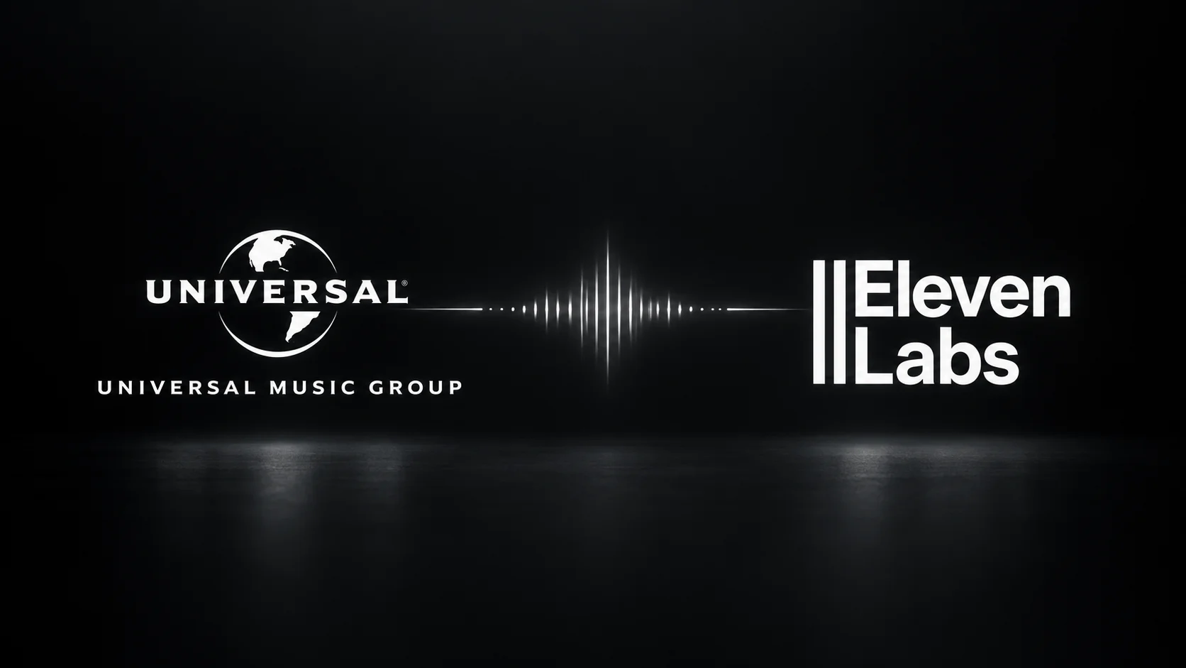 Universal Music Group and ElevenLabs logos connected by a sound wave against a dark background, representing their partnership in AI-powered music.