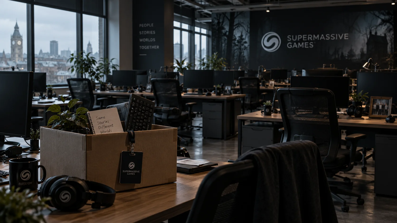 Empty workstations in a game studio, representing the layoffs at Supermassive Games.