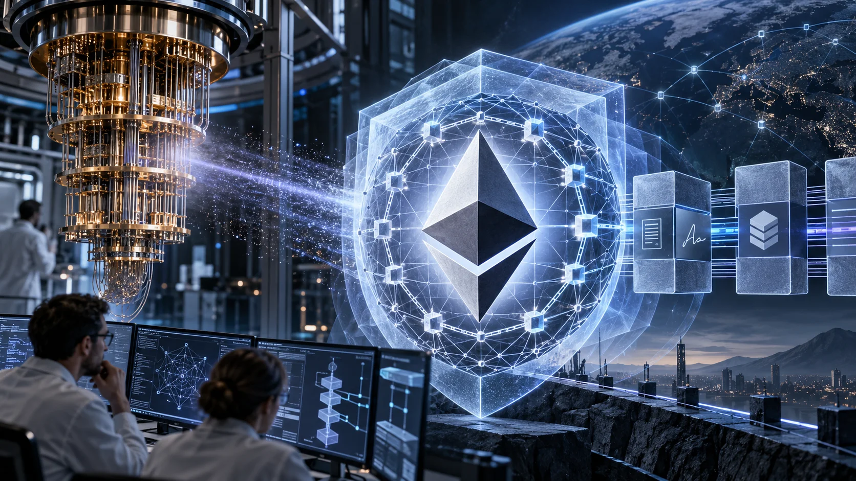 Ethereum symbol protected by a digital structure in front of a quantum computer.