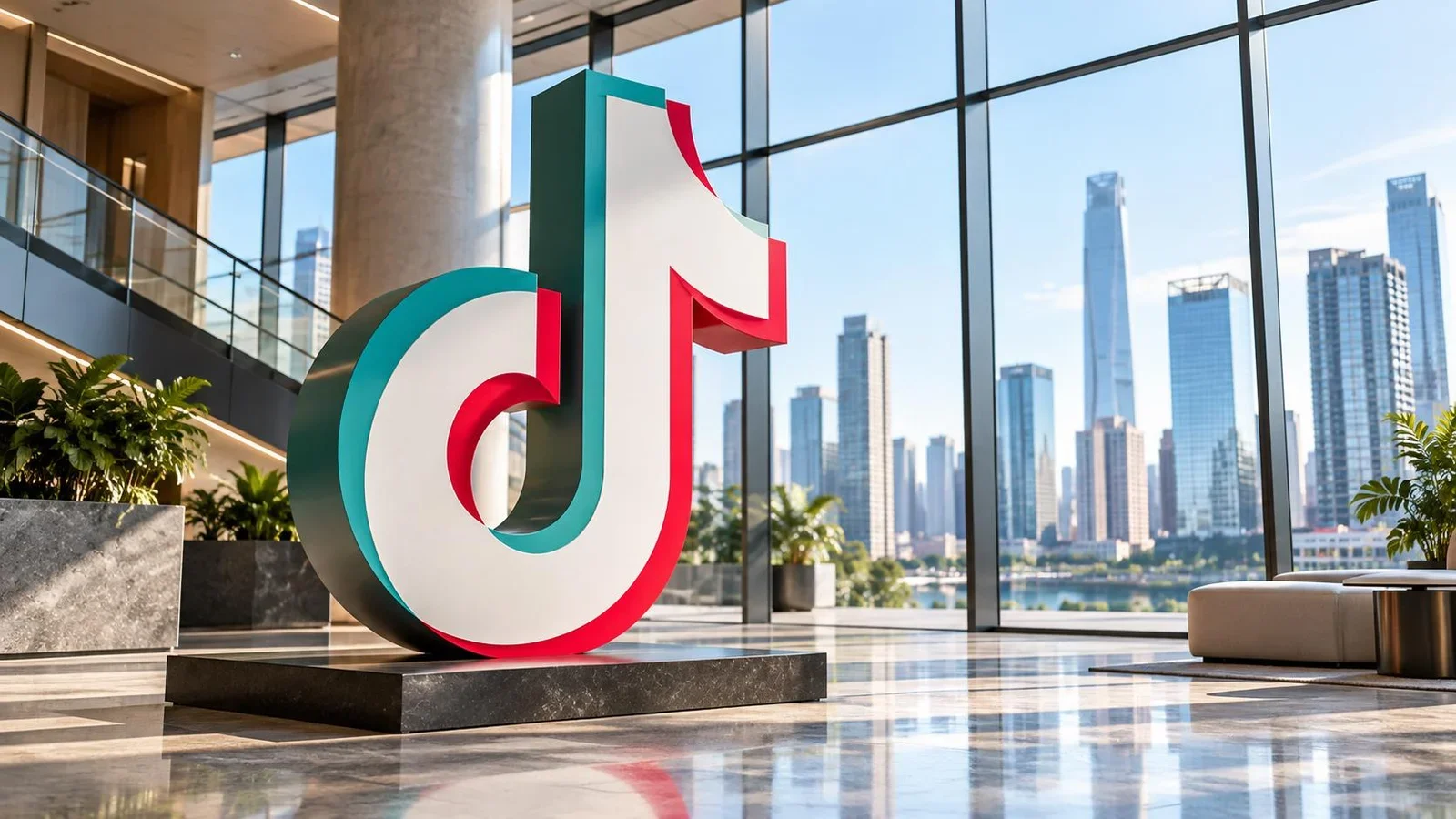 Three-dimensional sculpture of the TikTok logo in a modern corporate environment, with buildings in the background.