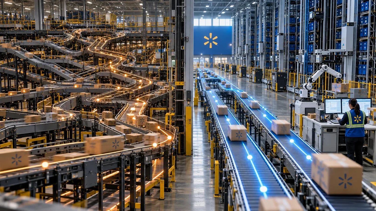 Representación de un centro logístico de Walmart con cintas transportadoras automatizadas, robótica y flujos de pedidos simplificados.