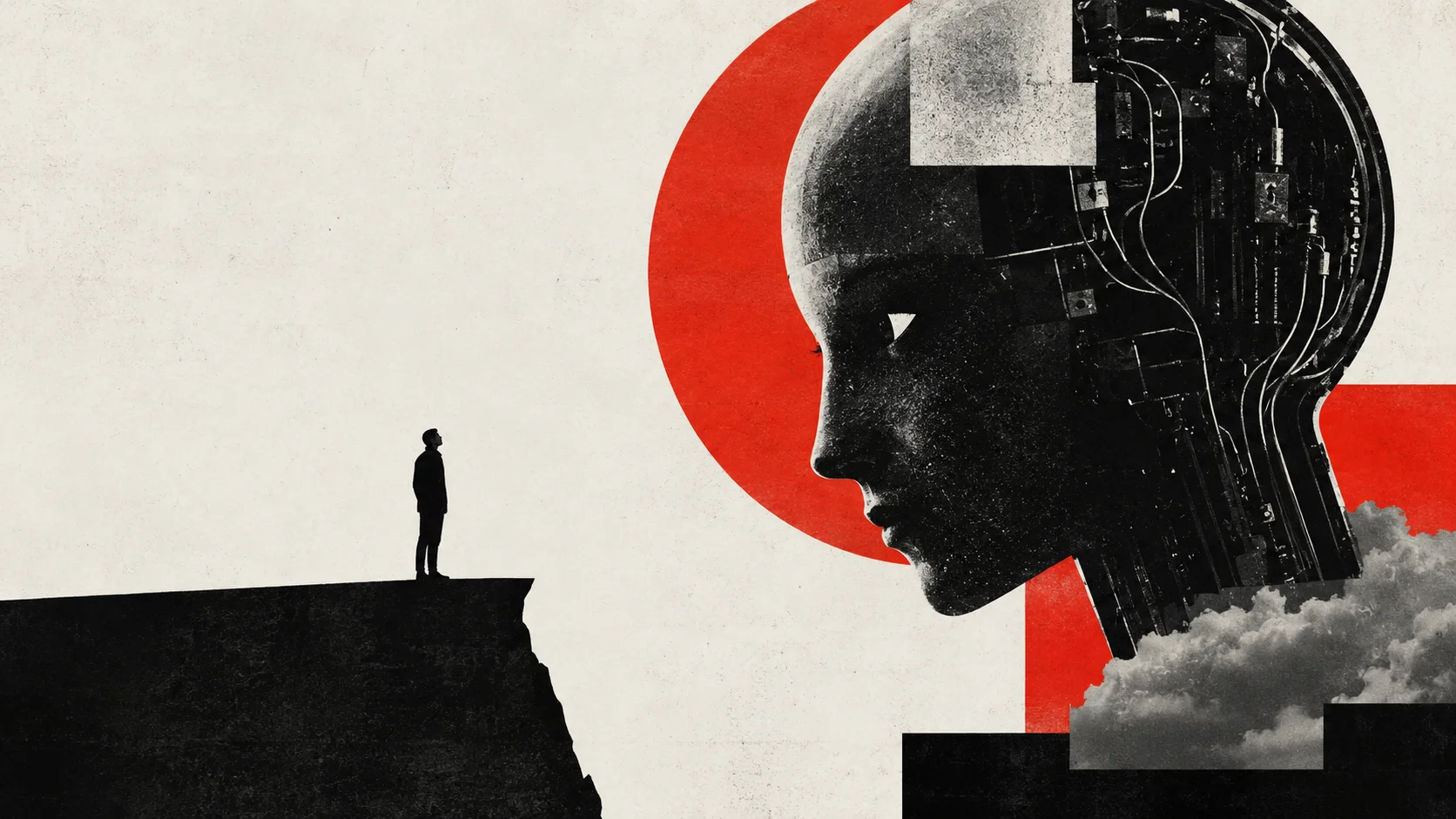 Human silhouette facing a giant robotic figure in an editorial composition symbolizing the risks of artificial intelligence advancement.