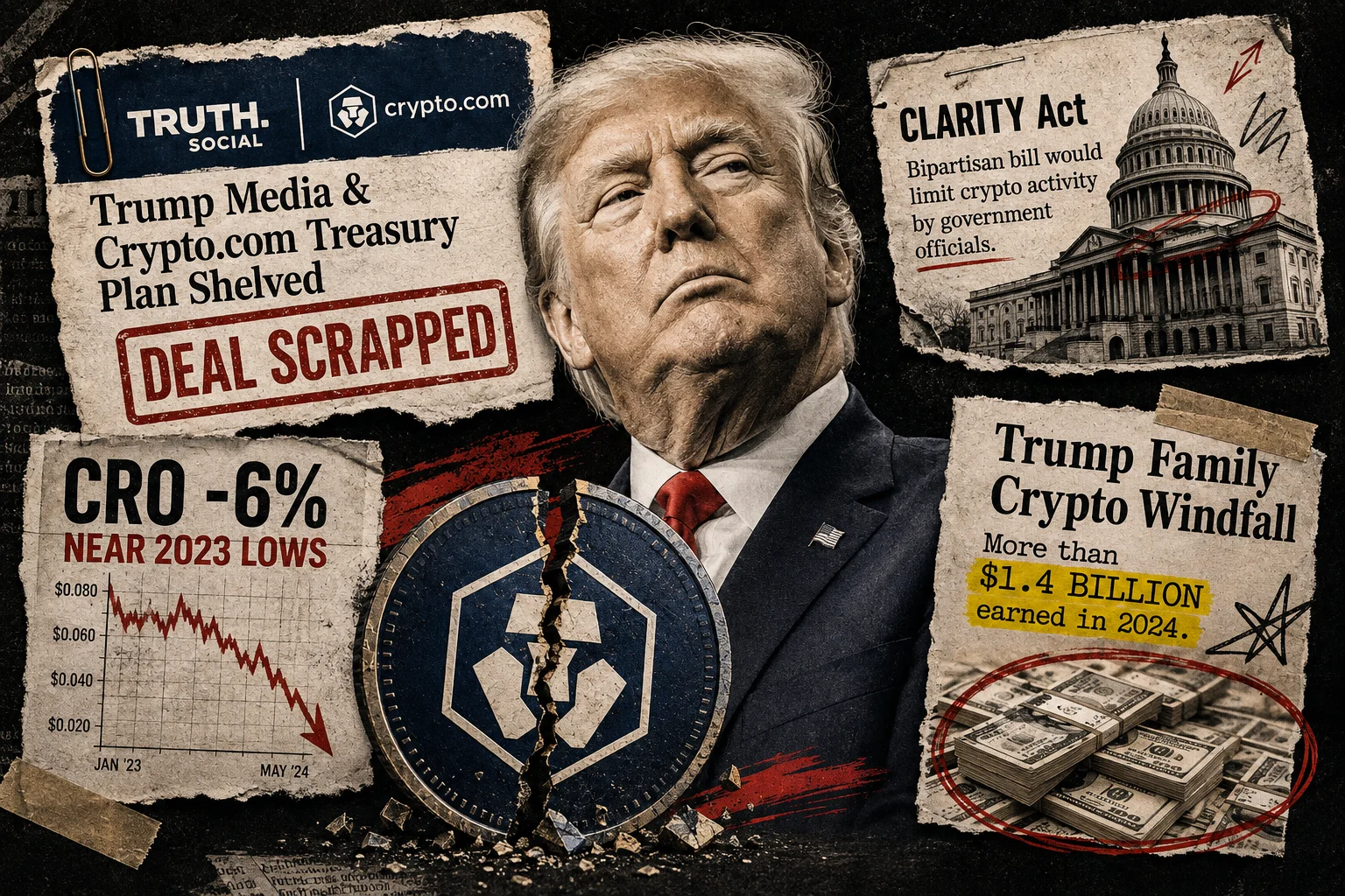 Donald Trump in front of the U.S. Capitol, with a falling CRO chart, the Crypto.com symbol and references to the cancellation of the Trump Media deal and the CLARITY Act.