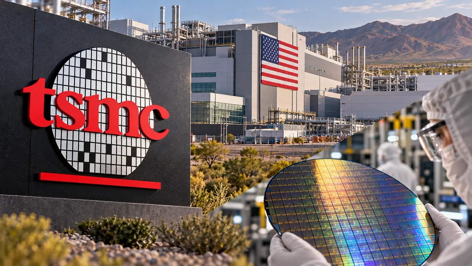 Logo da TSMC, fábrica de semicondutores nos EUA e wafer de silício em colagem editorial.