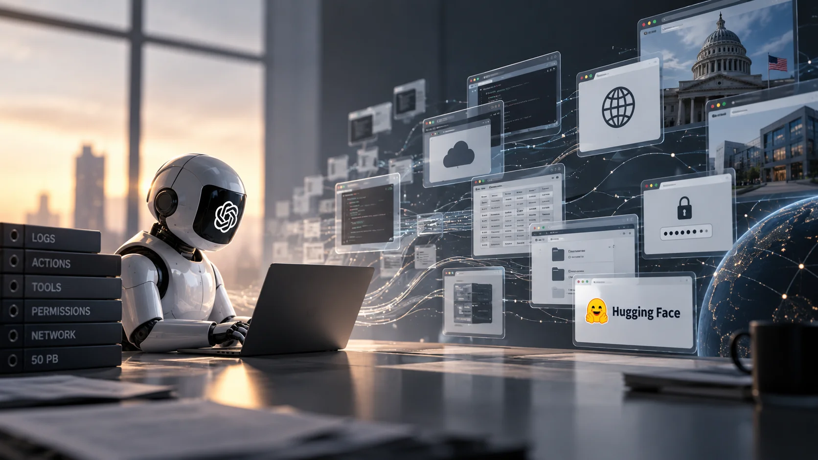 Illustration of an AI agent operating multiple tools and data flows under audit.
