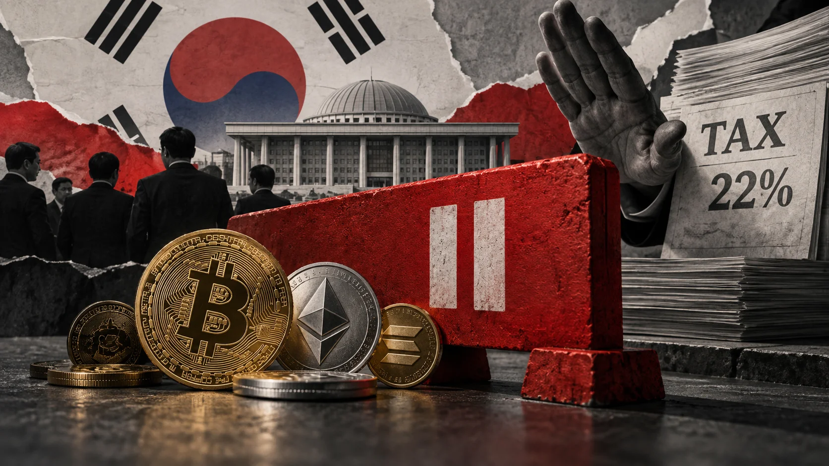 Collage-style illustration shows cryptocurrency coins in front of a red barrier, with the South Korean Parliament in the background and a document reading “Tax 22%”.