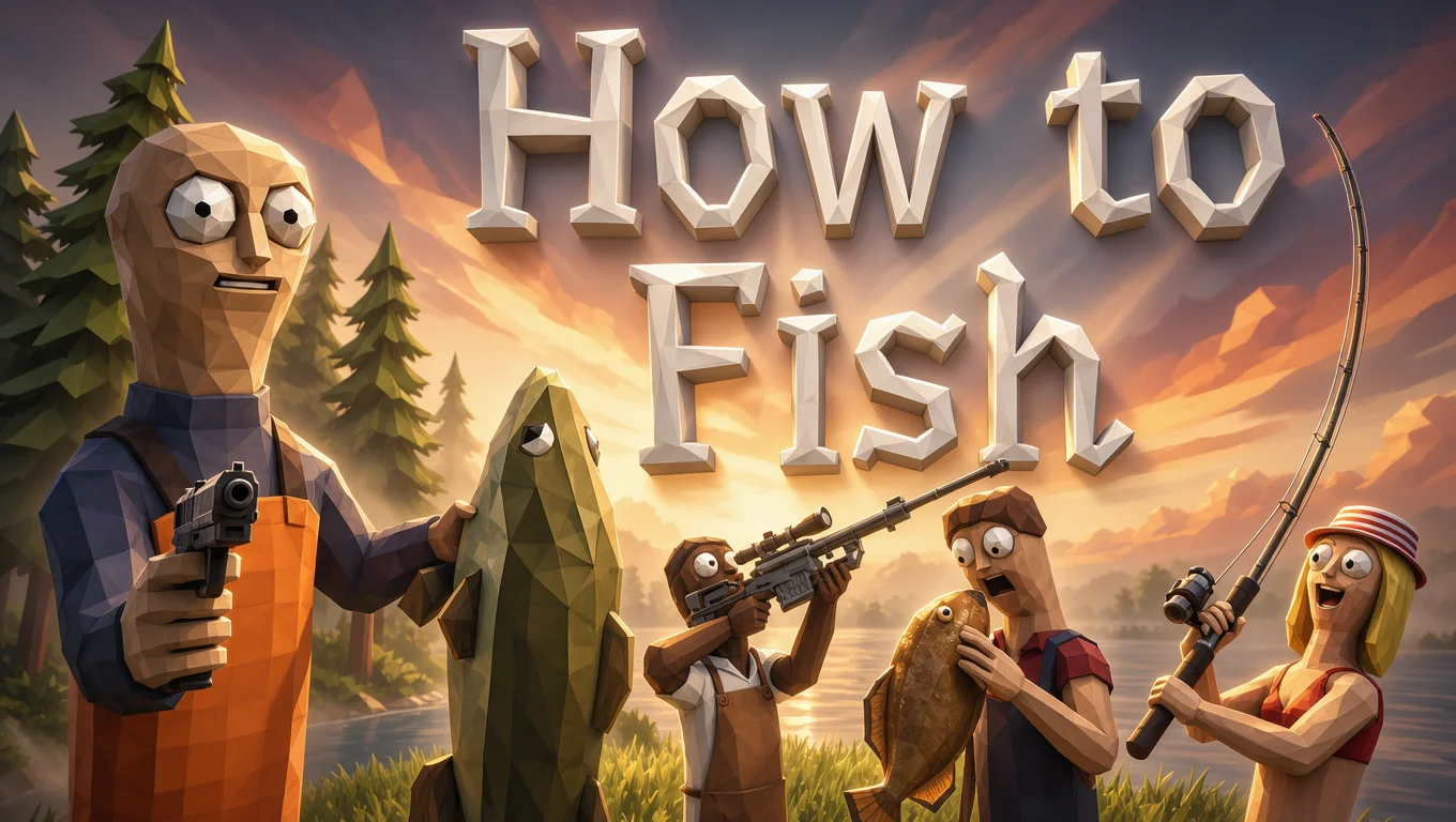 How to Fish artwork shows characters fishing and using weapons by a lake, with fish and the game's title in the background.