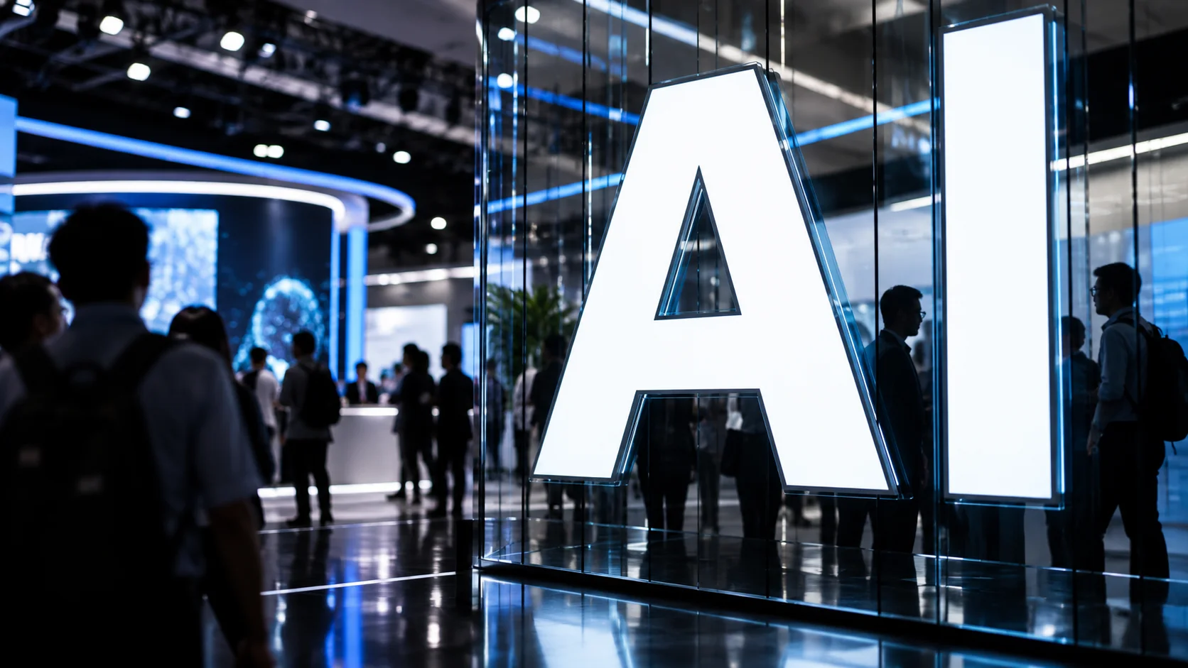 Illuminated installation with the letters “AI” at a technology fair, with attendees and panels in the background.