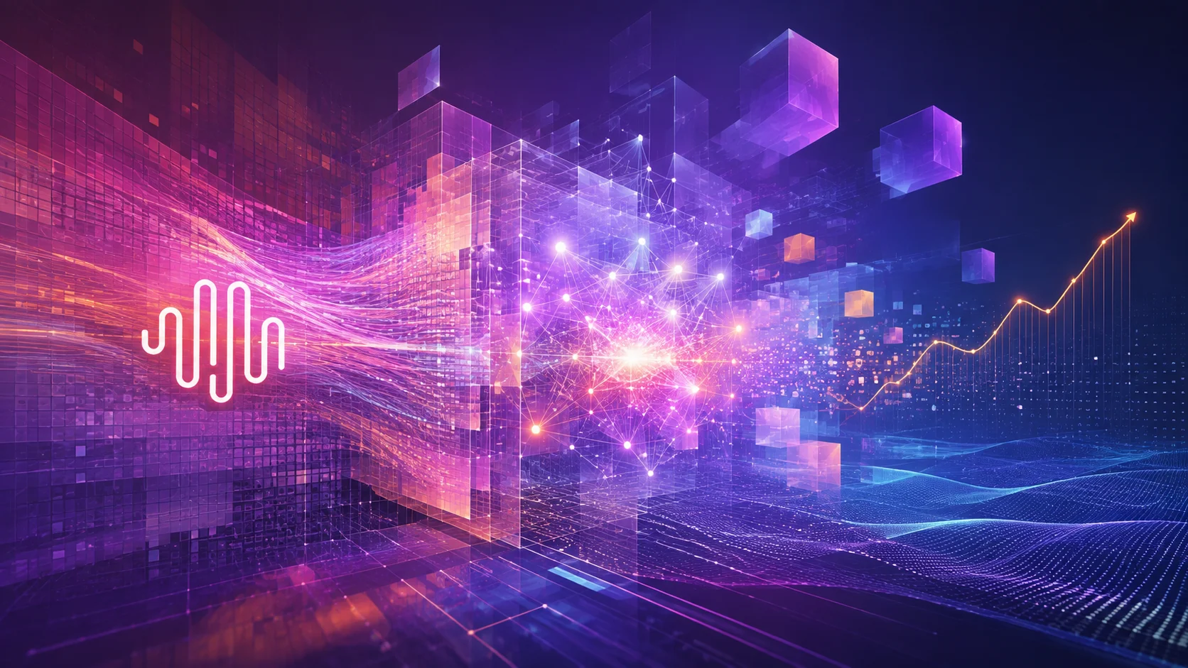 Abstract art in shades of purple, pink, and blue shows the MiniMax symbol on the left, a luminous core reminiscent of artificial intelligence in the center, and an upward chart on the right, symbolizing financial growth.