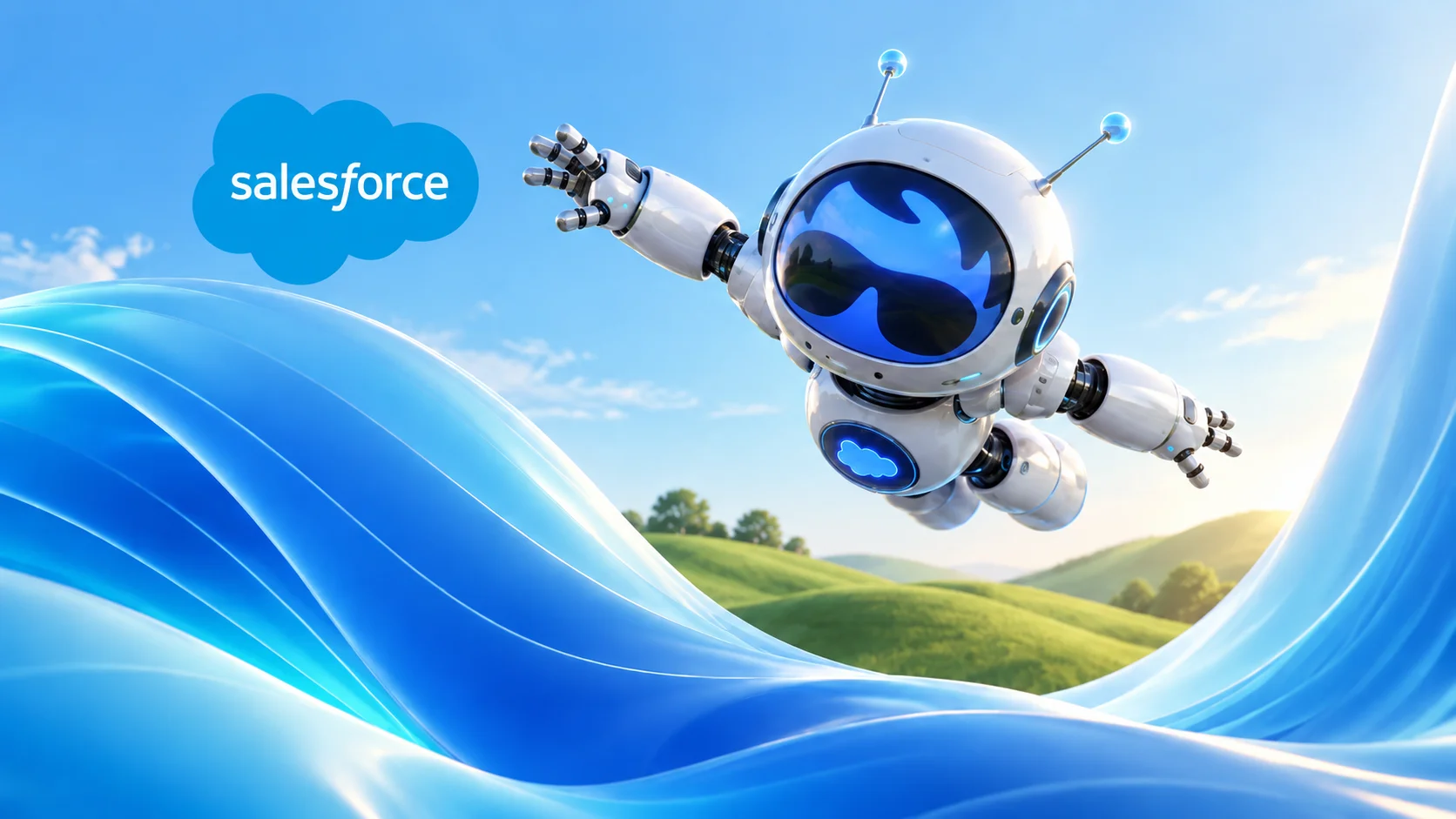 A futuristic white robot flies over blue wave-like forms and green hills, with the Salesforce cloud logo displayed in the sky.