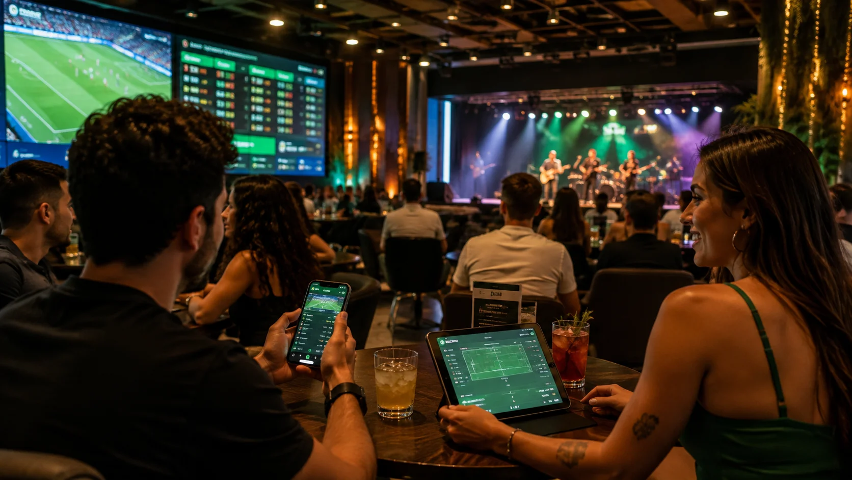 Adults in an entertainment space use smartphones and tablets with sports betting interfaces while watching soccer on big screens and a live musical performance.