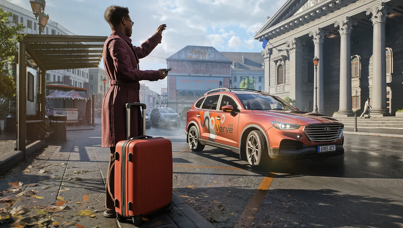 Person with a red suitcase hails an approaching ride-hailing car on an urban street, in front of classical architecture buildings.