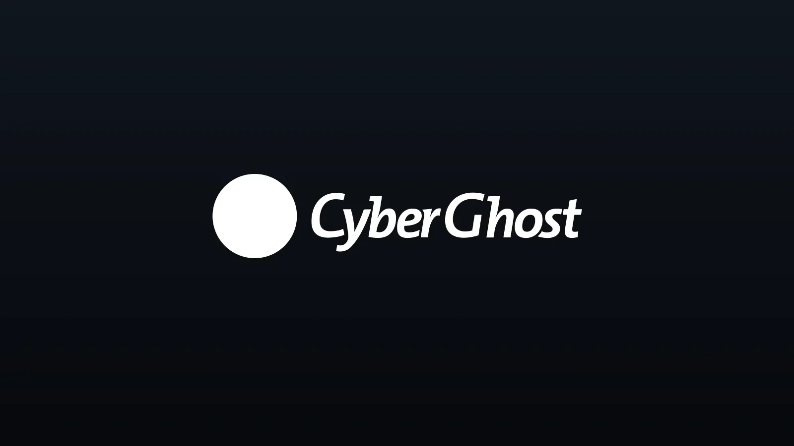 Marca CyberGhost en blanco centrada sobre fondo oscuro con degradado vertical