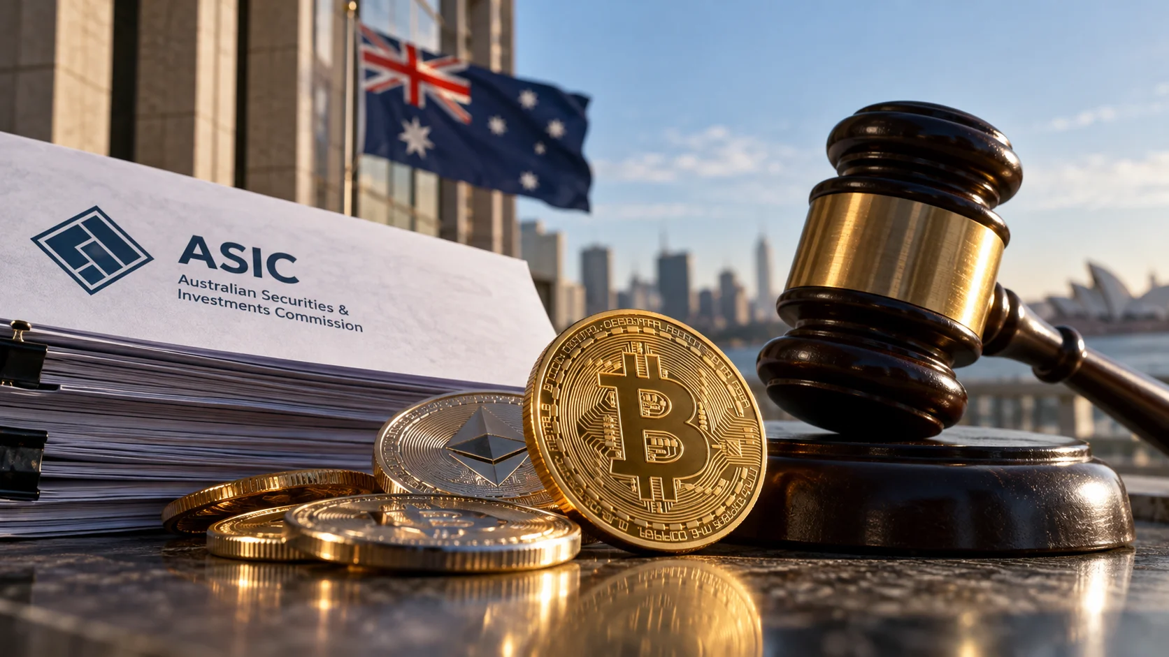 Monedas de Bitcoin y Ethereum junto a documentos de la ASIC y un martillo judicial, con la bandera australiana al fondo.