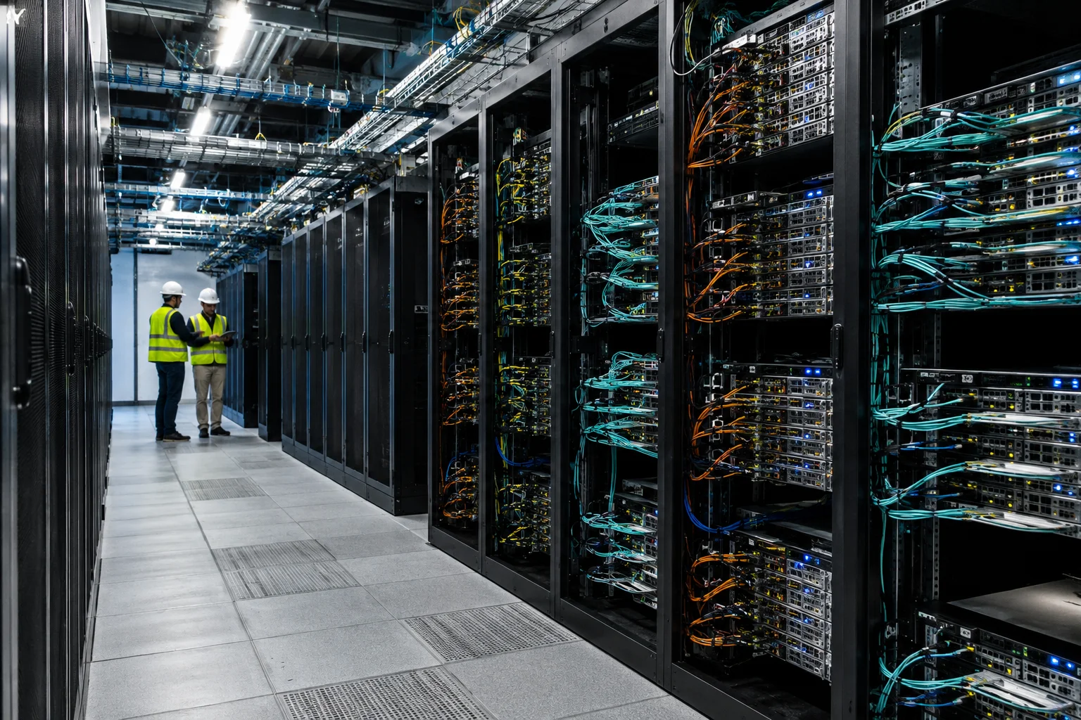 Interior of a data center with rows of servers, colorful fiber optic cables, and two helmeted technicians inspecting equipment in the background.