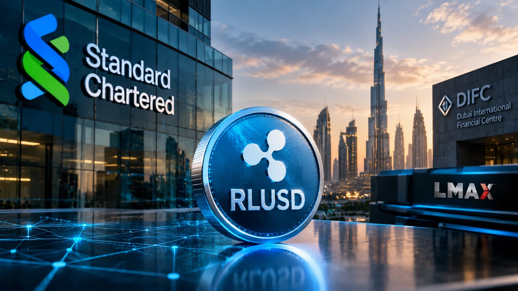 Moeda RLUSD em destaque, com Standard Chartered, LMAX e o horizonte de Dubai ao fundo.