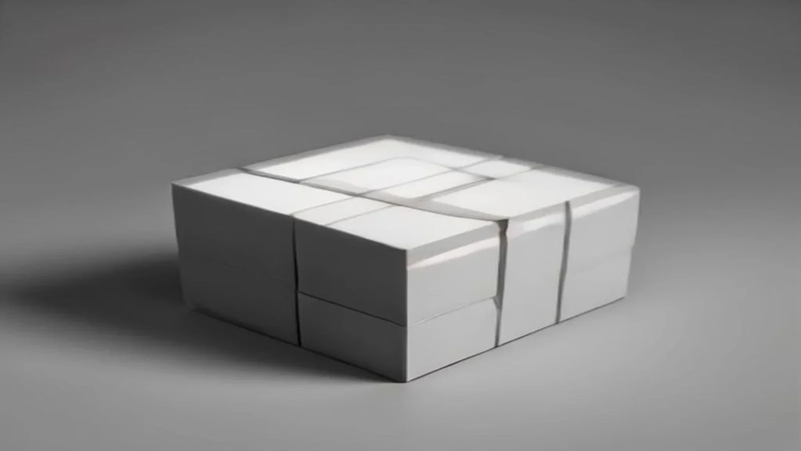Cubo geométrico tridimensional em preto e branco formado por blocos menores com iluminação suave